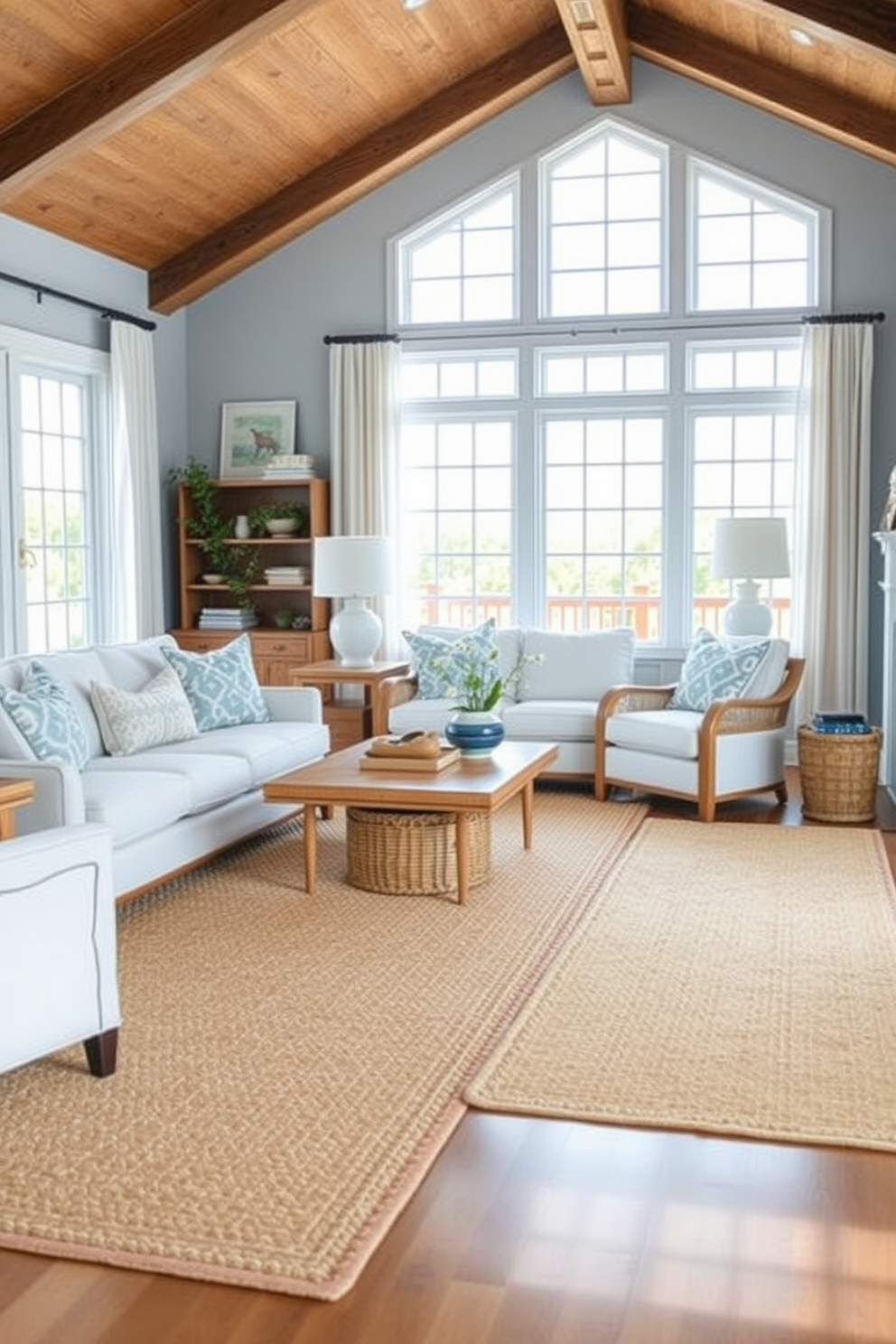 A coastal living room featuring seagrass rugs that add texture and warmth to the space. The room is adorned with soft blue and white hues, complemented by natural wood accents and large windows that invite sunlight.