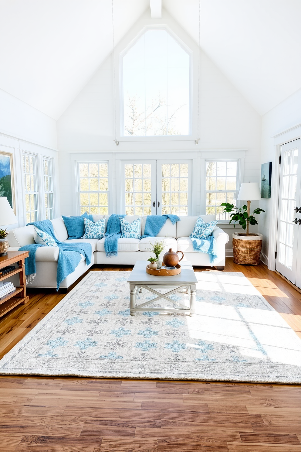 A bright and airy coastal living room filled with natural light. The focal point is a large sectional sofa adorned with ocean blue throw blankets, inviting relaxation and comfort. Light wood accents complement the soft white walls, creating a serene atmosphere. A large area rug with subtle coastal patterns anchors the space, enhancing the beach-inspired aesthetic.