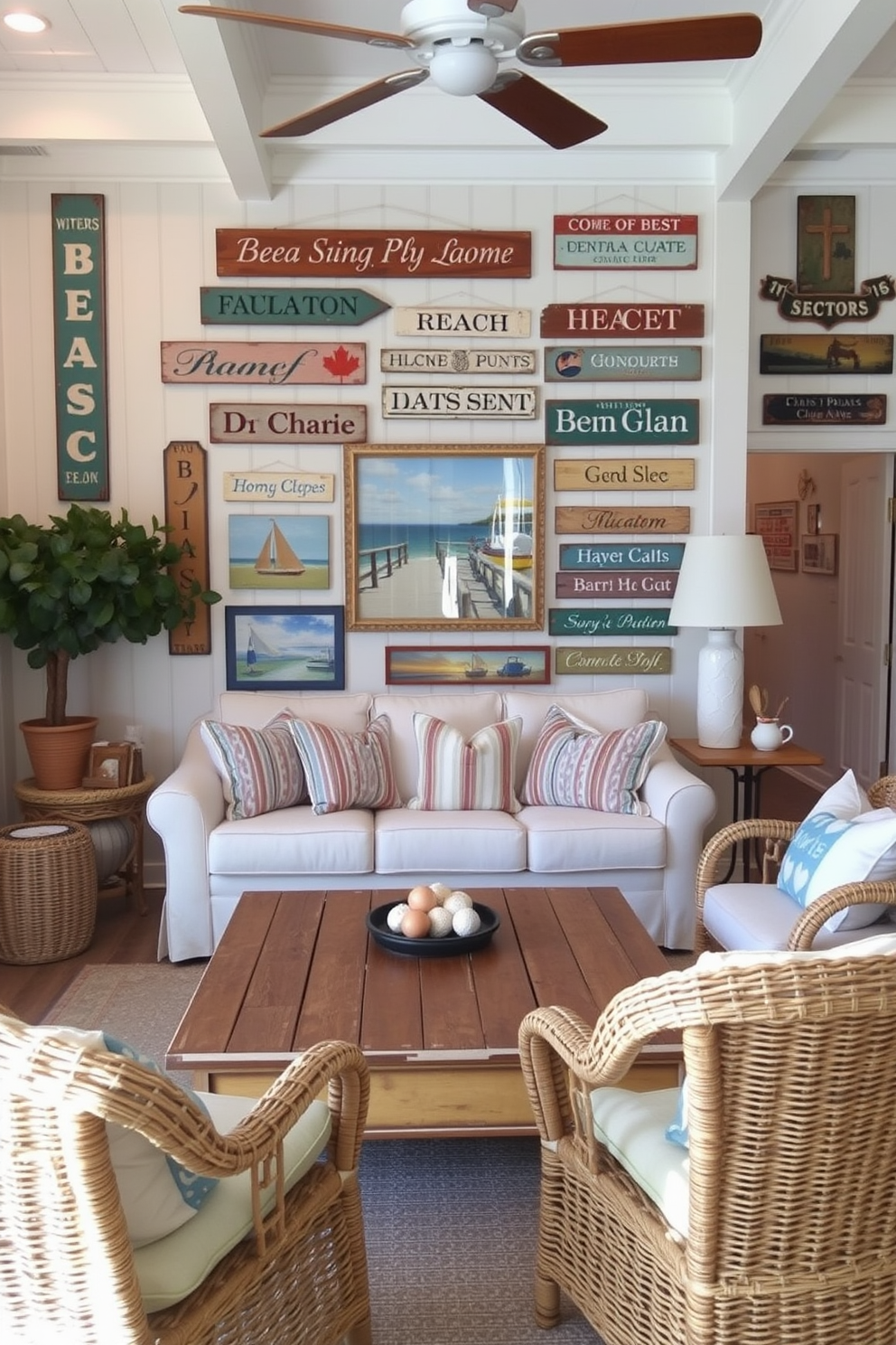 A charming coastal living room featuring vintage beach signs adorning the walls. The space includes a light-colored sofa with nautical-themed cushions and a weathered wooden coffee table surrounded by wicker chairs.