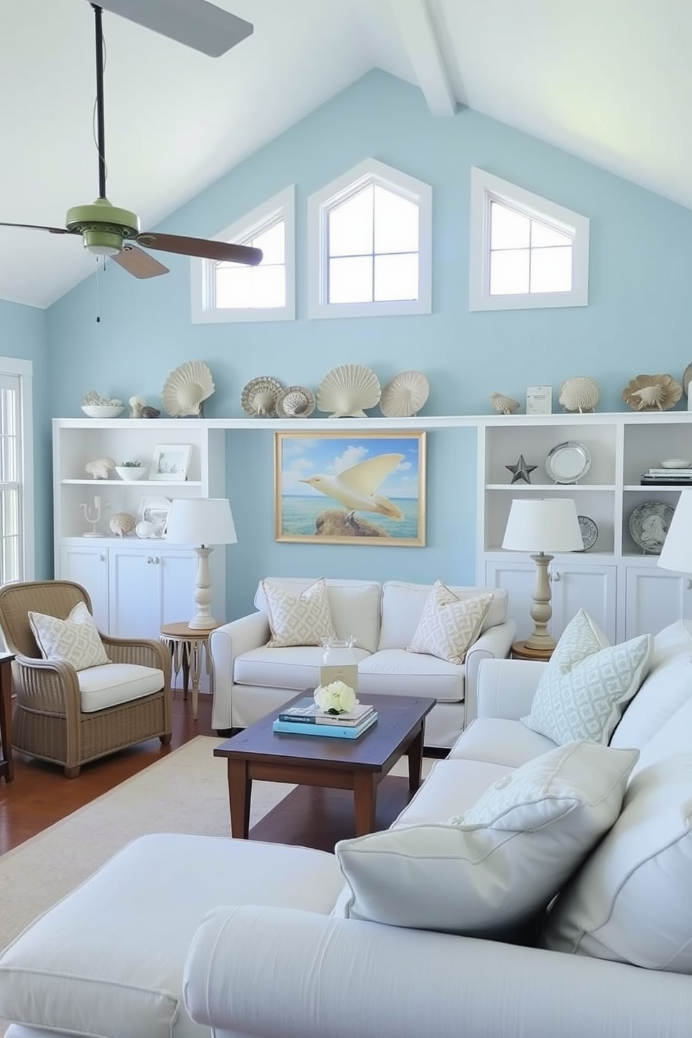 A coastal living room filled with natural light. Shell-shaped decorative items are artfully arranged on open shelves, adding a touch of the beach to the space. The walls are painted in a soft blue hue, reminiscent of the ocean. Comfortable furniture in light, airy fabrics complements the coastal theme, creating a relaxed atmosphere.