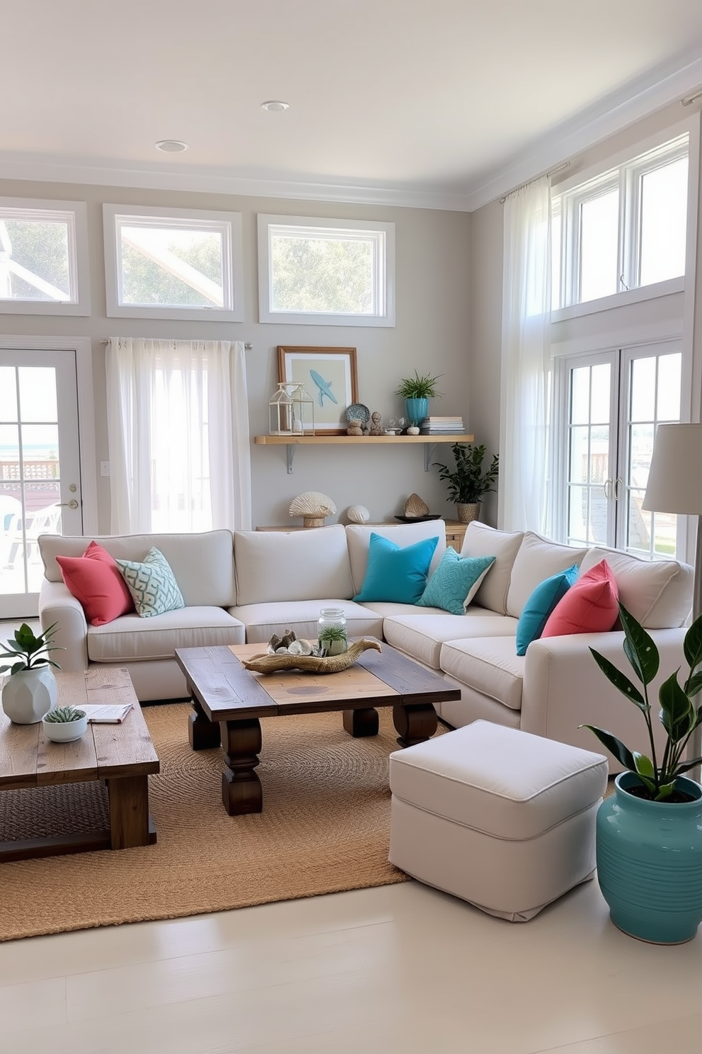 A coastal living room design featuring neutral tones complemented by bright accent colors. The space includes a light beige sectional sofa adorned with vibrant turquoise and coral throw pillows. Large windows allow natural light to flood the room, showcasing sheer white curtains that flutter gently in the breeze. A woven jute rug anchors the seating area, while a reclaimed wood coffee table adds warmth and character. Decorative elements such as seashells and driftwood are thoughtfully arranged on shelves, enhancing the coastal theme. Potted plants in ceramic pots introduce a touch of greenery, creating a fresh and inviting atmosphere.