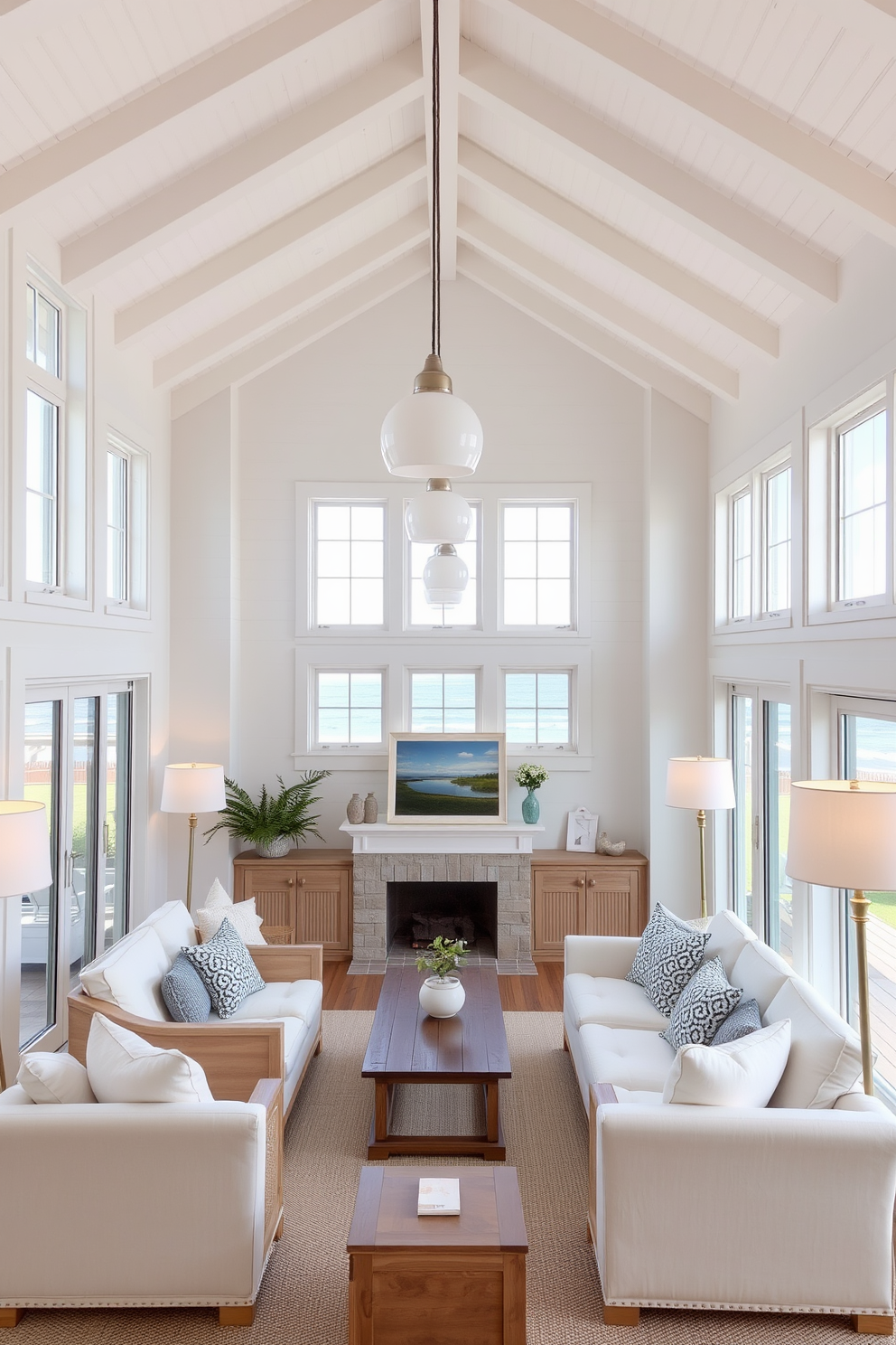 A coastal living room filled with natural light. Soft white walls complement the light wood furniture, while large windows offer a view of the ocean. Layered lighting creates a warm and inviting atmosphere. Pendant lights hang above the seating area, and floor lamps provide additional illumination in the corners.