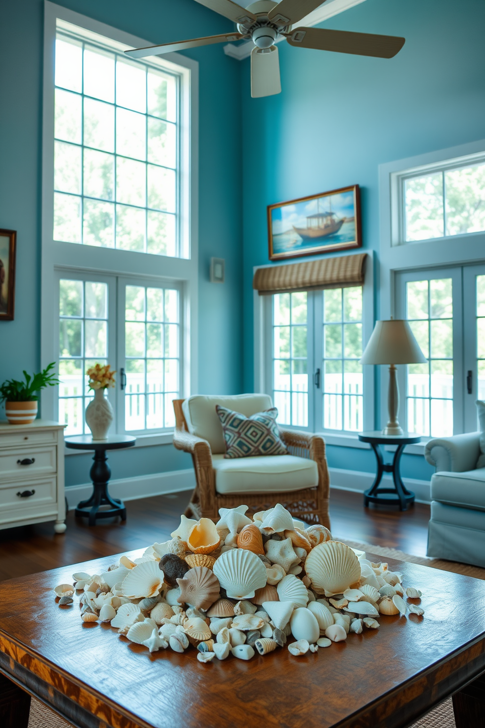 A bright coastal living room featuring a coffee table adorned with various seashells. The walls are painted a soft blue, and large windows allow natural light to flood the space, enhancing the airy atmosphere.