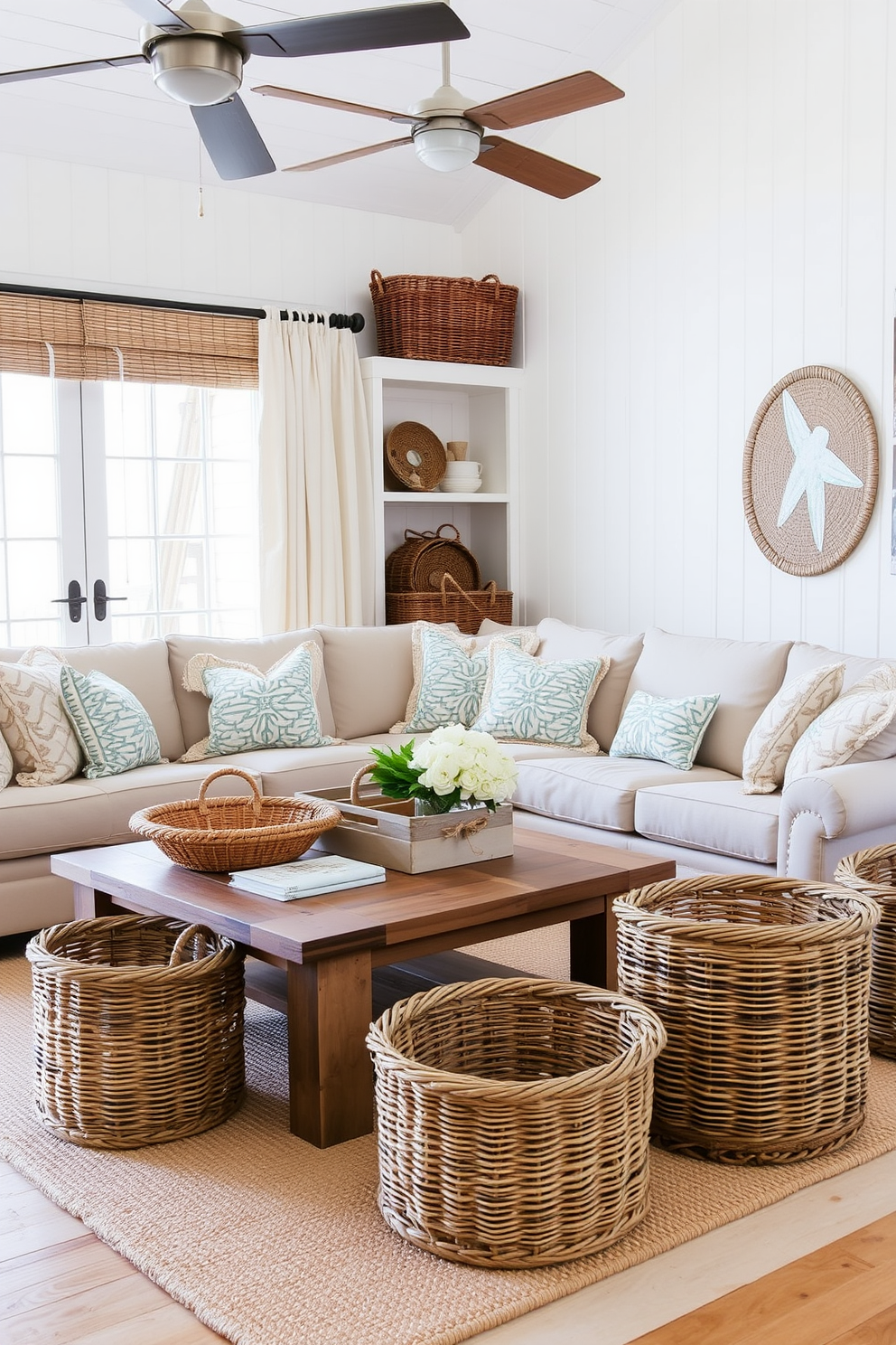 A coastal living room featuring woven baskets for stylish storage. The room is adorned with light, airy colors and natural textures, creating a relaxed atmosphere. Comfortable seating options include a large sectional sofa in a soft fabric, paired with a rustic coffee table. Woven baskets are strategically placed throughout the space, providing functional storage while enhancing the coastal aesthetic.