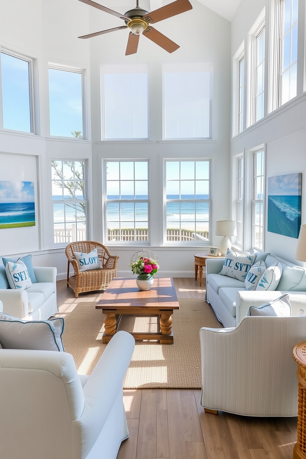 A bright and airy coastal living room featuring large windows that allow natural light to flood the space. The walls are painted in a soft white, and the furniture includes a comfortable light blue sofa adorned with nautical-themed throw pillows. In the center of the room, a rustic wooden coffee table is surrounded by woven chairs. Coastal artwork depicting serene ocean scenes adorns the walls, creating a calming atmosphere that reflects the beauty of seaside living.