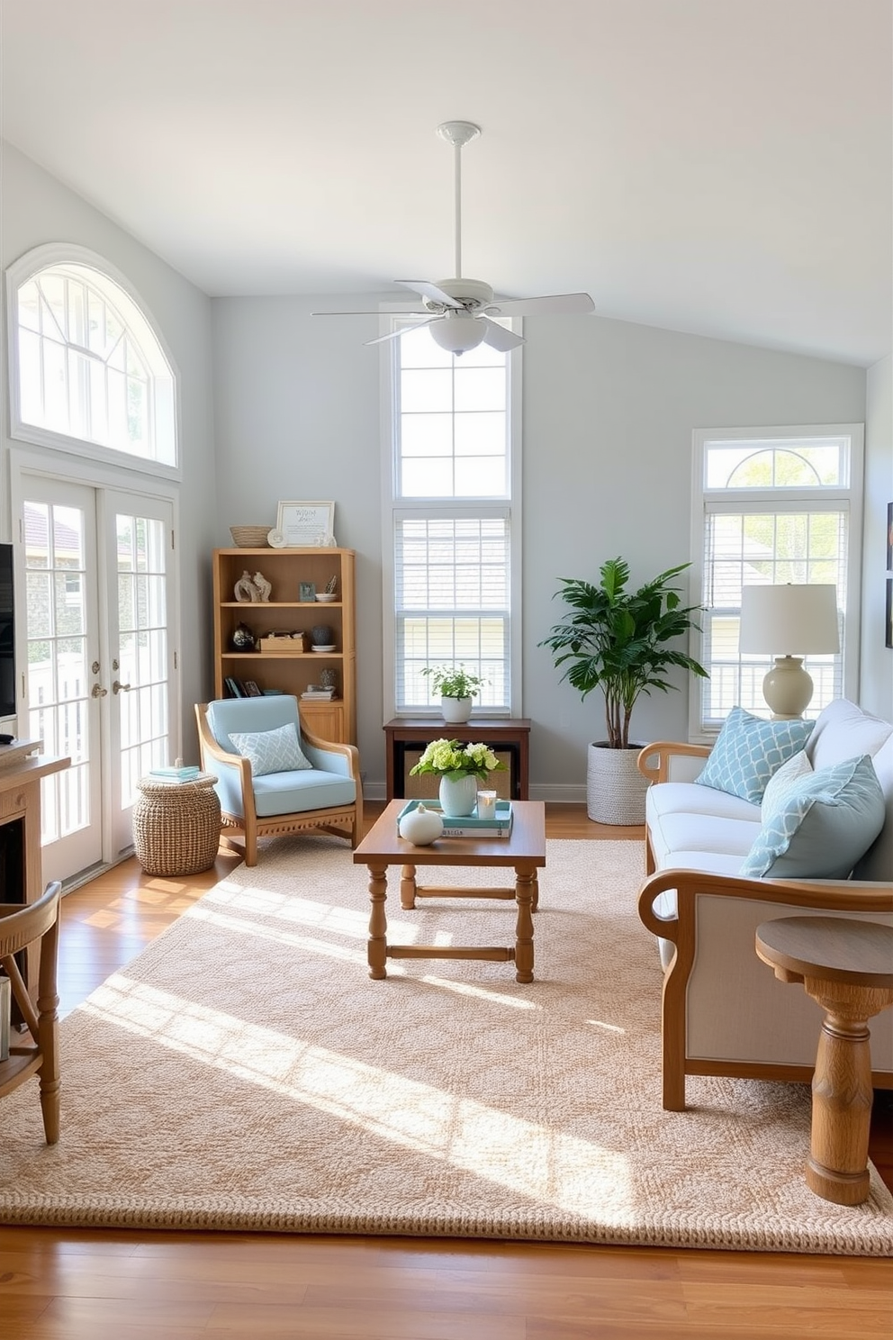 A cozy coastal living room featuring a soft beige area rug that adds warmth to the space. The room is adorned with light blue accents, natural wood furniture, and large windows that invite plenty of sunlight.