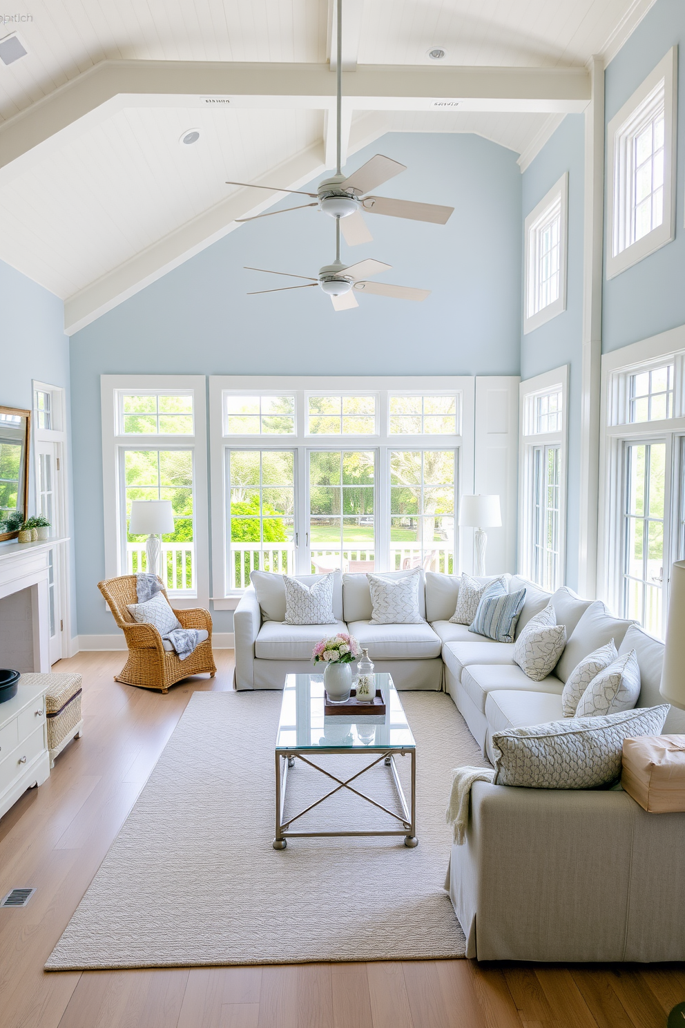 A bright and airy coastal living room with large windows allowing natural light to flood the space. The room features soft blue and beige color palettes, complemented by comfortable, oversized furniture and nautical decor elements. A spacious seating area includes a plush sectional sofa adorned with textured throw pillows. Light wood accents and a large area rug with a subtle pattern enhance the relaxed coastal vibe.