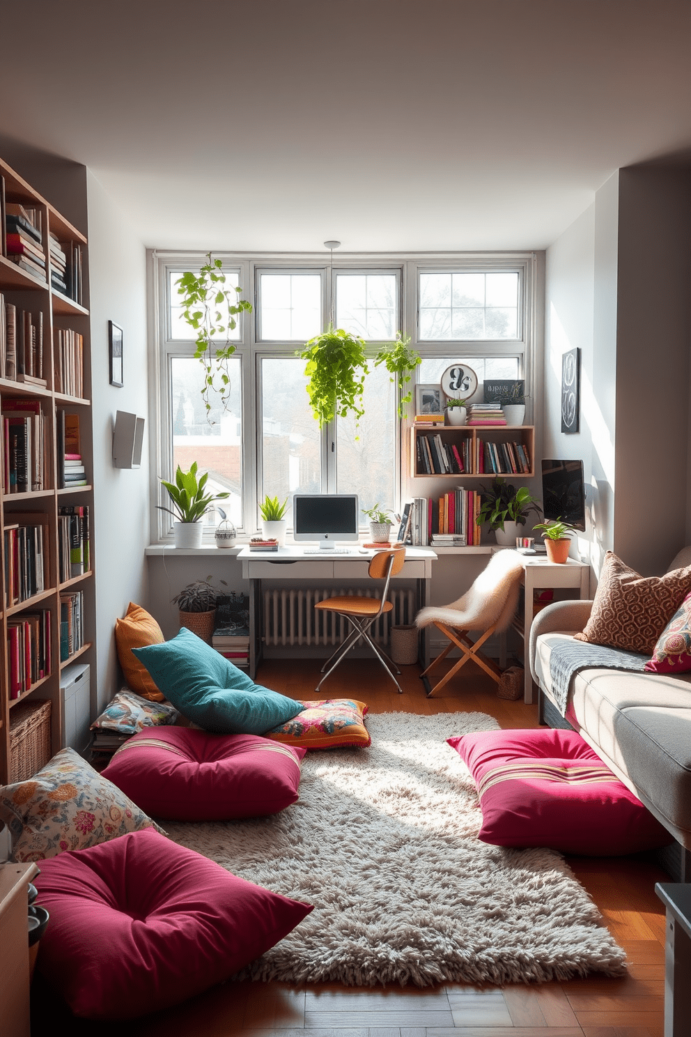 Cozy reading nook with floor cushions. The nook features a large window with soft natural light pouring in, surrounded by shelves filled with books and plants. A plush area rug lies underfoot, enhancing the warmth of the space. Colorful floor cushions are scattered around, inviting relaxation and comfort for reading or studying. College apartment design ideas. The layout maximizes space with multifunctional furniture, including a fold-out desk and a convertible sofa that doubles as a bed. Bright, cheerful colors and eclectic decor create a vibrant atmosphere, making the apartment feel like home.