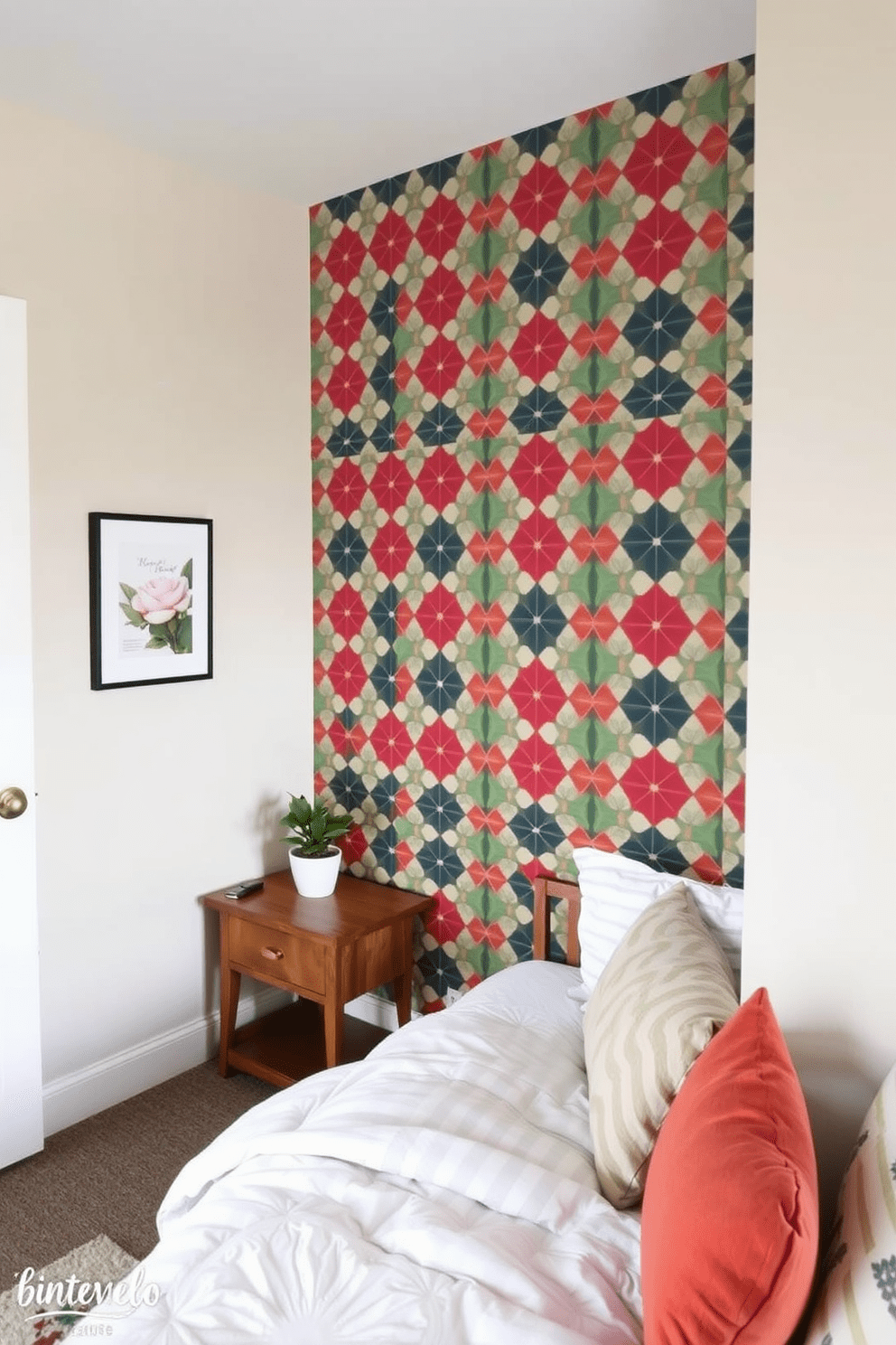 A stylish college apartment featuring an accent wall adorned with removable wallpaper showcasing a vibrant geometric pattern. The rest of the walls are painted in a soft neutral tone, creating a balanced and inviting atmosphere.