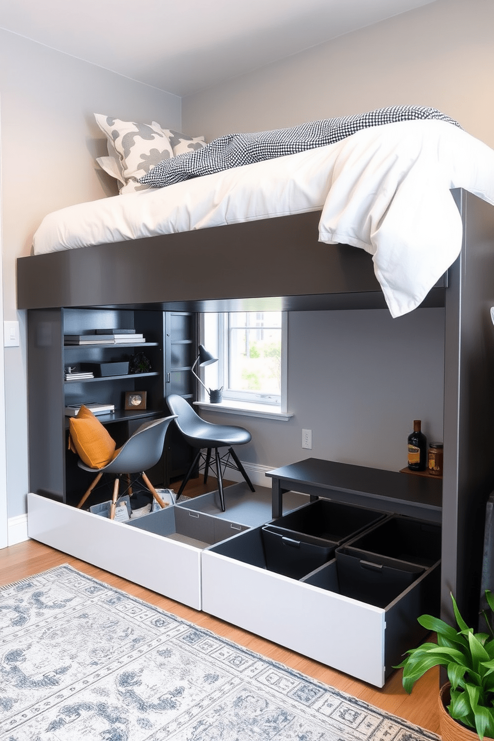 A modern college apartment featuring sleek storage solutions under the bed. The bed is elevated to create ample space for organized drawers and bins that blend seamlessly with the decor. The walls are painted in a light gray hue, enhancing the sense of openness. A cozy study nook with a small desk and a stylish chair is positioned near a window, maximizing natural light.