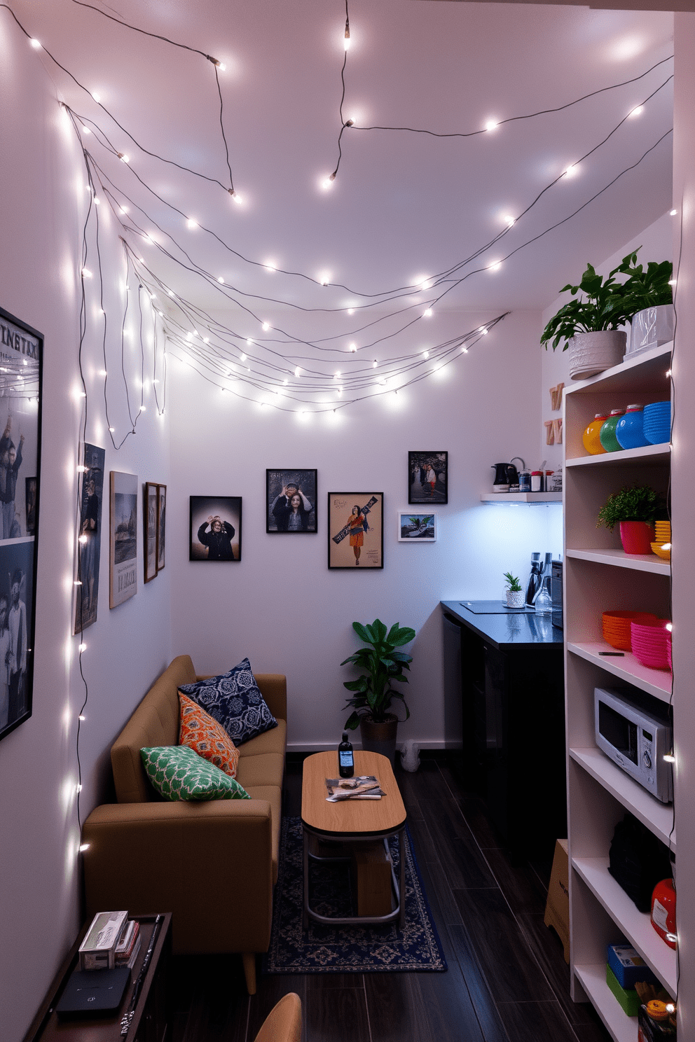 A cozy college apartment filled with mood lighting created by string fairy lights draped across the ceiling. The space features a small seating area with a plush sofa and colorful throw pillows, complemented by a stylish coffee table. The walls are adorned with framed posters and photographs, adding a personal touch to the decor. A compact kitchen area showcases modern appliances, with open shelves displaying vibrant dishware and plants for a lively atmosphere.