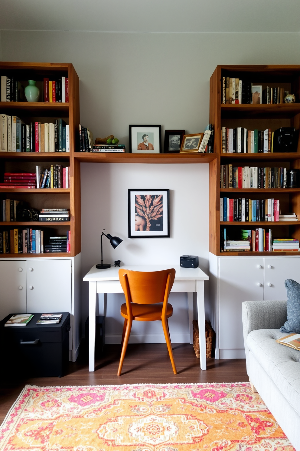 A cozy college apartment featuring open shelving that showcases an eclectic mix of books and decorative items. The shelves are made of reclaimed wood and are positioned against a light gray wall, creating a warm and inviting atmosphere. A small study nook is integrated into the design, complete with a minimalist desk and a comfortable chair. A vibrant rug adds a pop of color to the space, enhancing the overall aesthetic of the apartment.