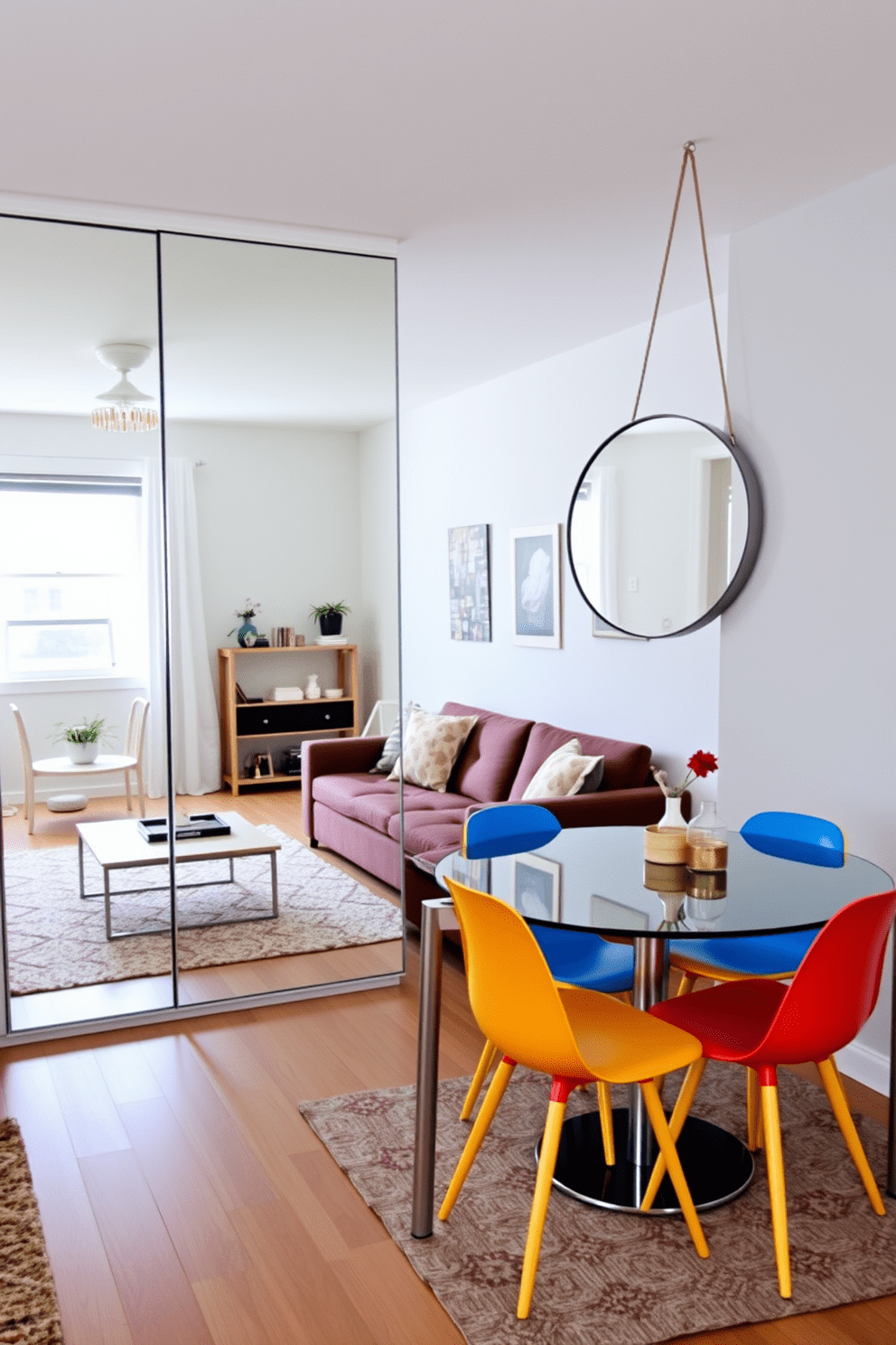 A stylish college apartment featuring creative use of mirrors to enlarge the space. The living area showcases a large floor-to-ceiling mirror that reflects light and creates an illusion of depth, paired with a cozy sectional sofa and a chic coffee table. In the dining nook, a round mirror hangs above a sleek table with colorful chairs, enhancing the vibrant atmosphere. The walls are painted in a soft gray, complemented by warm wood accents and playful decor elements that reflect a youthful spirit.