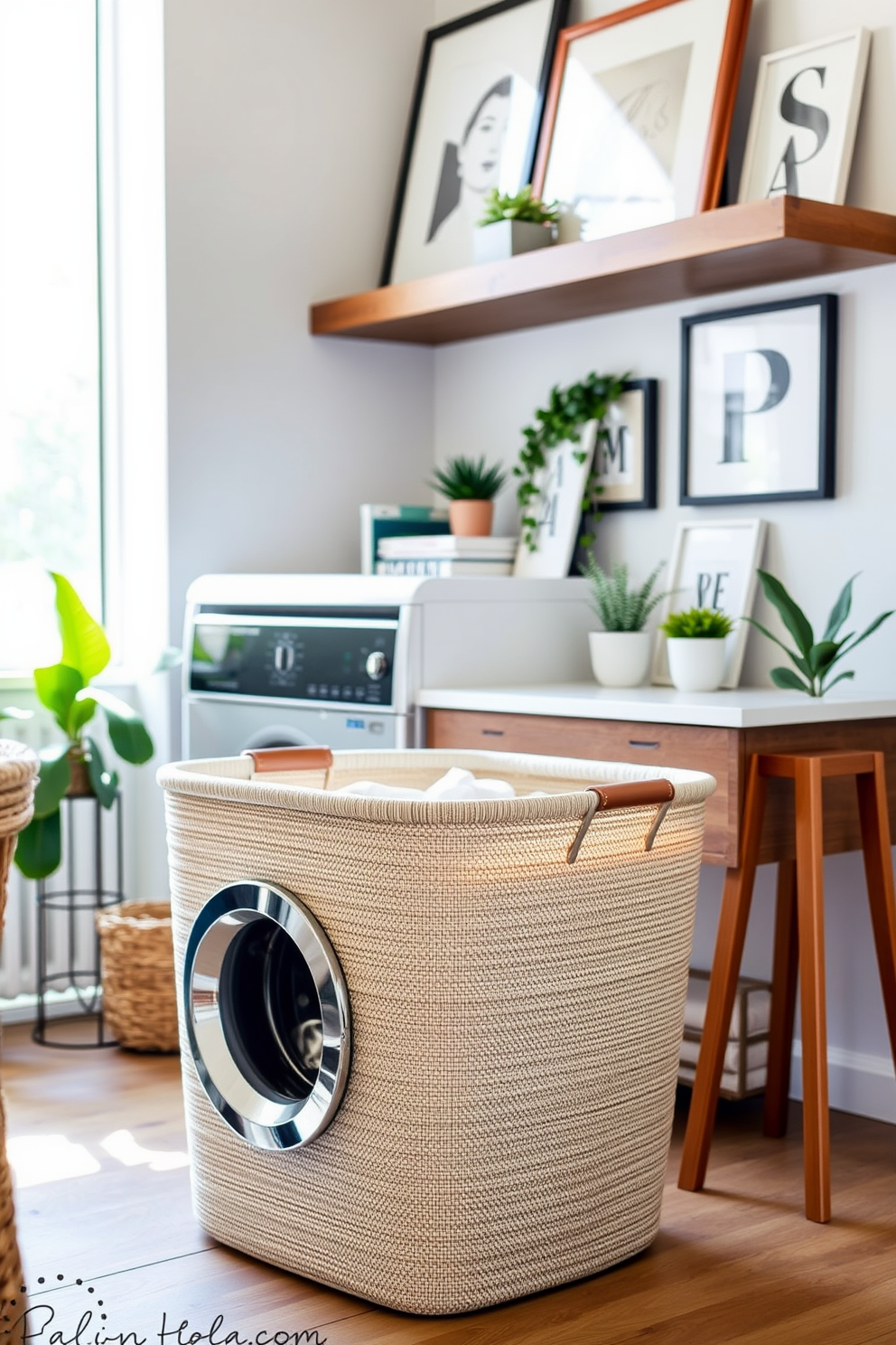 A chic laundry basket designed for stylish organization features a sleek woven exterior in a neutral tone, complemented by sturdy leather handles for easy transport. This functional yet fashionable piece sits in a modern college apartment, enhancing the overall aesthetic while keeping laundry neatly contained. The laundry area is brightened by natural light streaming through a nearby window, with minimalist shelving above for additional storage. Surrounding decor includes potted plants and framed art, creating a warm and inviting atmosphere that reflects the personality of the space.