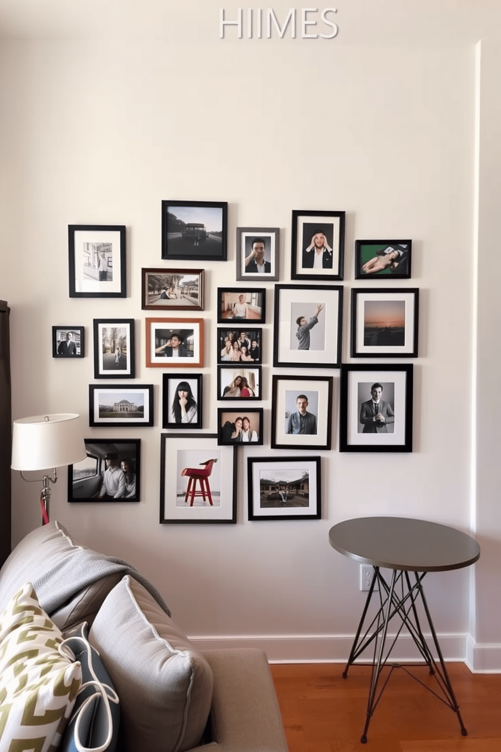 A gallery wall adorned with framed personal photos creates a warm and inviting atmosphere. The arrangement features a mix of sizes and styles, showcasing cherished memories and artistic prints. The college apartment design incorporates functional furniture to maximize space. A cozy seating area with a stylish sofa and a small dining table complements the vibrant decor, making it a perfect home for students.