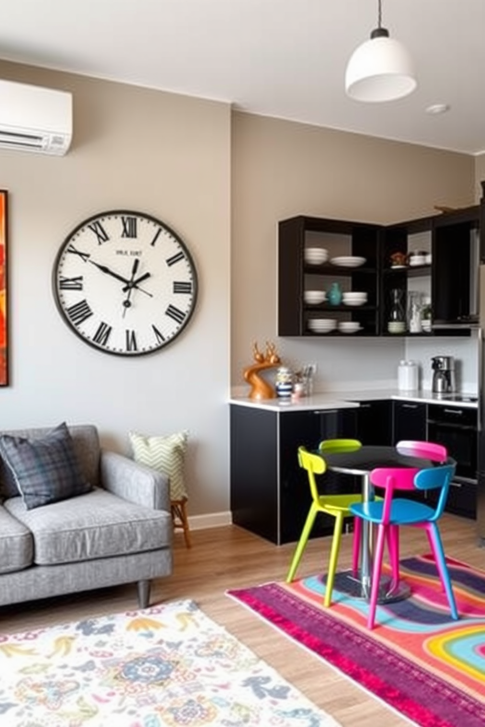 A stylish college apartment design featuring a statement clock as the focal point. The space includes a cozy seating area with a modern sofa and a vibrant area rug, complemented by wall art that reflects a youthful vibe. The kitchen showcases sleek cabinetry with open shelving displaying trendy dishware. A small dining table with colorful chairs creates an inviting atmosphere for social gatherings.