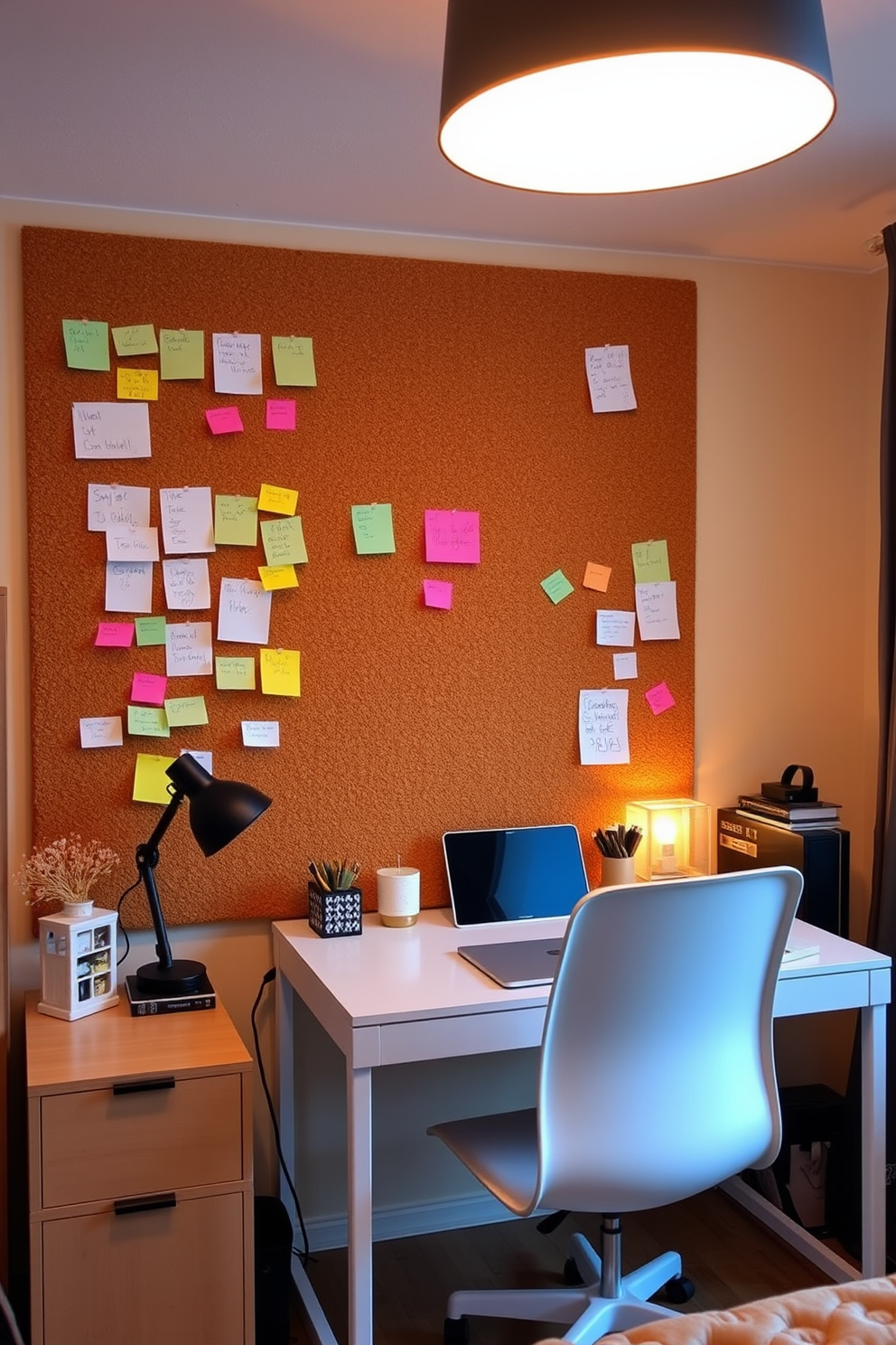 A corkboard wall filled with colorful notes and reminders serves as a functional focal point in a cozy college apartment. The space features a minimalist desk with a sleek chair, complemented by warm lighting and personal decor items that reflect the student's personality.