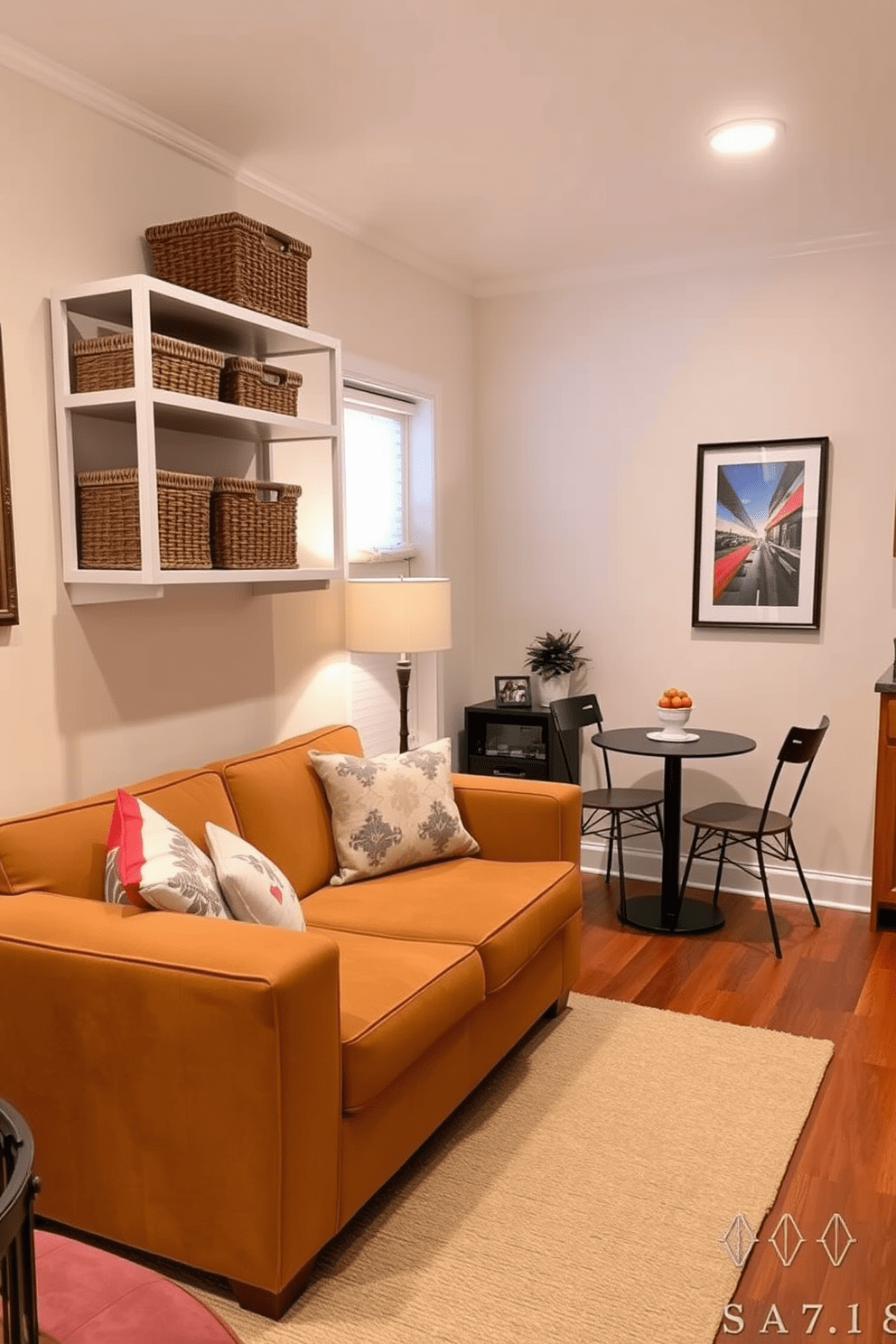 Decorative baskets are strategically placed on shelves and under the coffee table, adding a touch of style while keeping clutter at bay. The color palette features soft neutrals with pops of vibrant hues to create a cozy and inviting atmosphere. In the living area, a small sectional couch is paired with a chic area rug, and the walls are adorned with framed artwork that reflects the personality of the residents. The kitchen nook includes a bistro table with two chairs, making it an ideal spot for casual meals and study sessions.