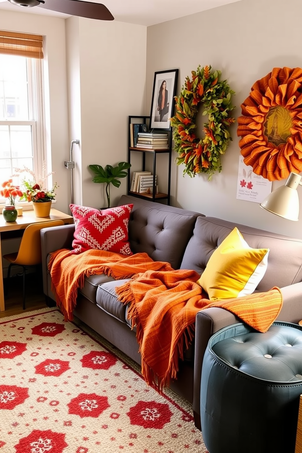 Seasonal decor to refresh the space. Incorporate vibrant throw pillows and cozy blankets in autumn hues to create a warm atmosphere. College apartment design ideas. Opt for multifunctional furniture pieces like a sofa bed and a compact desk to maximize space and functionality.