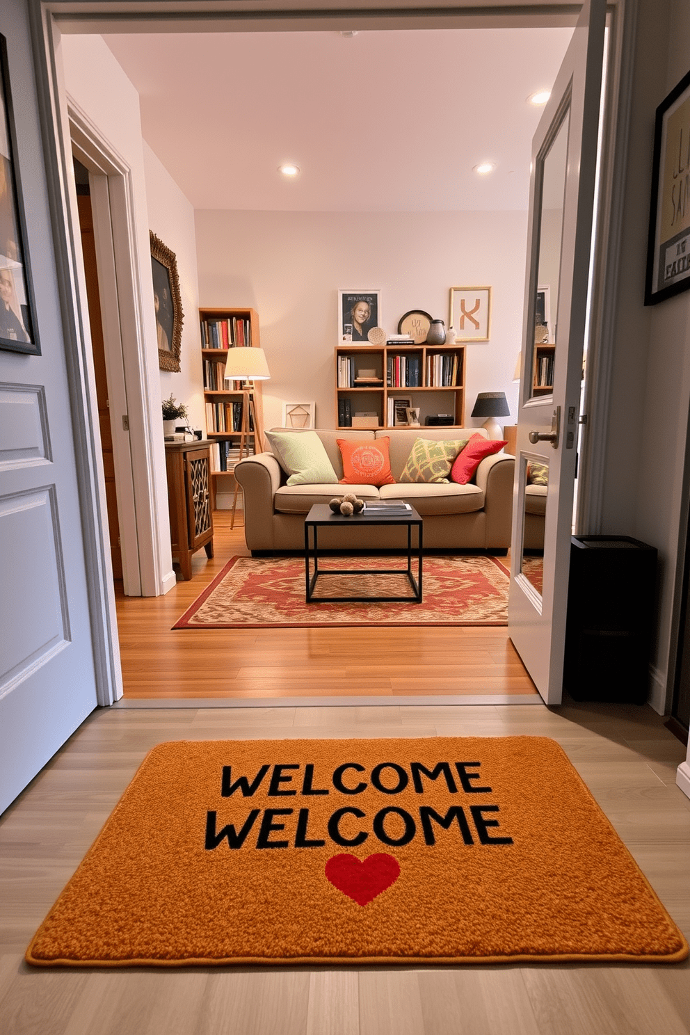 A personalized welcome mat greets visitors at the entrance of a stylish college apartment. The mat features a playful design that reflects the personality of the student living there. Inside, the living area is bright and inviting with a cozy sofa adorned with colorful throw pillows. A small coffee table sits in front of the sofa, surrounded by bookshelves filled with textbooks and personal mementos.