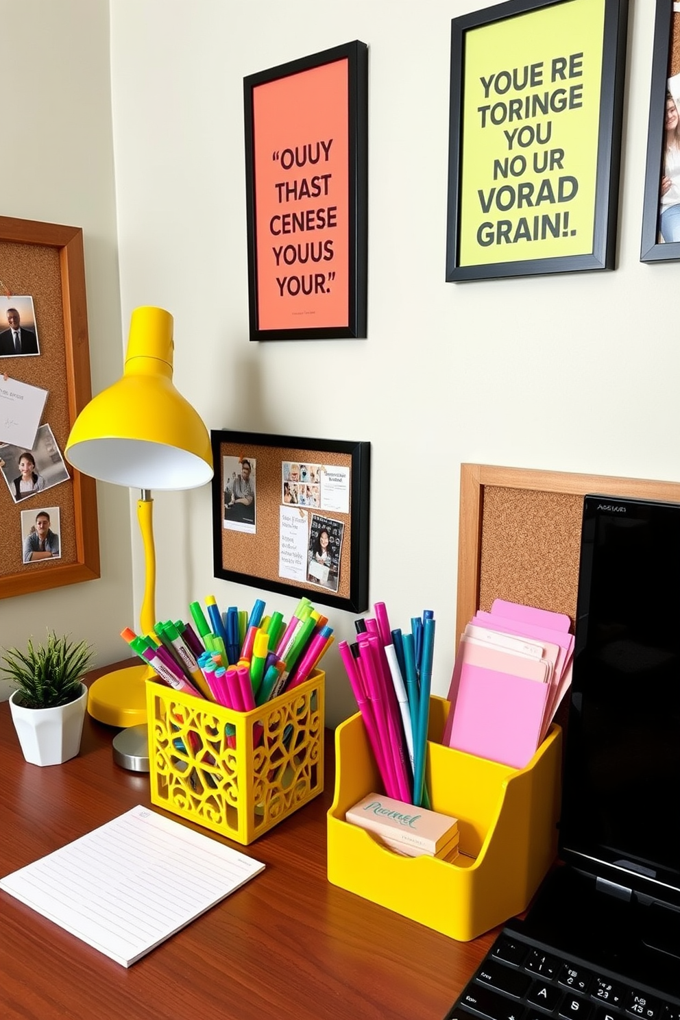 Bright desk accessories for motivation. The desk features a vibrant yellow organizer filled with colorful pens and sticky notes, alongside a cheerful desk lamp with a geometric design. The walls are adorned with motivational quotes in bold frames, and a small potted plant adds a touch of greenery. A corkboard displays photos and reminders, creating an inspiring workspace for a college apartment.