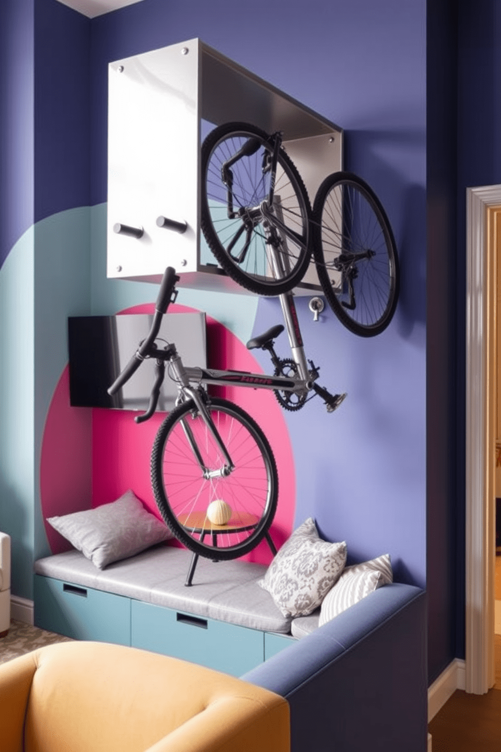 A functional wall-mounted bike rack is installed in a college apartment, maximizing space while providing easy access to bicycles. The design features a sleek metal finish with hooks that securely hold the bikes, complemented by a vibrant backdrop of a painted accent wall. The overall aesthetic of the college apartment is modern and youthful, incorporating a mix of bright colors and minimalist furniture. A cozy seating area with a small table is positioned nearby, creating a perfect spot for studying or relaxing after a ride.