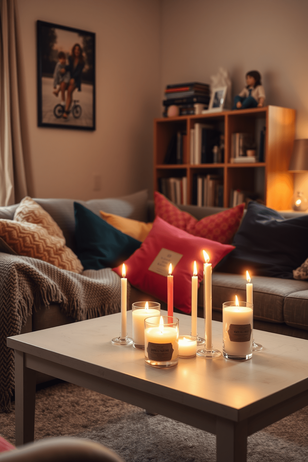 A cozy college apartment setting filled with warm light. The room features a small sofa adorned with colorful throw pillows and a textured blanket. On the coffee table, several scented candles of varying heights create a soothing ambiance. A bookshelf filled with books and personal mementos adds character to the space.