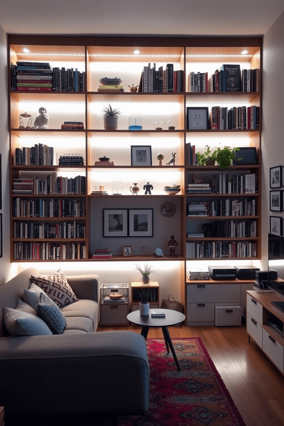 A cozy college apartment featuring under-shelf lighting that creates a warm and inviting atmosphere. The shelves are lined with books and decorative items, illuminated softly to enhance the space's character. The living area includes a stylish sofa and a small coffee table, perfect for studying or entertaining friends. A colorful rug anchors the space, adding texture and comfort underfoot.