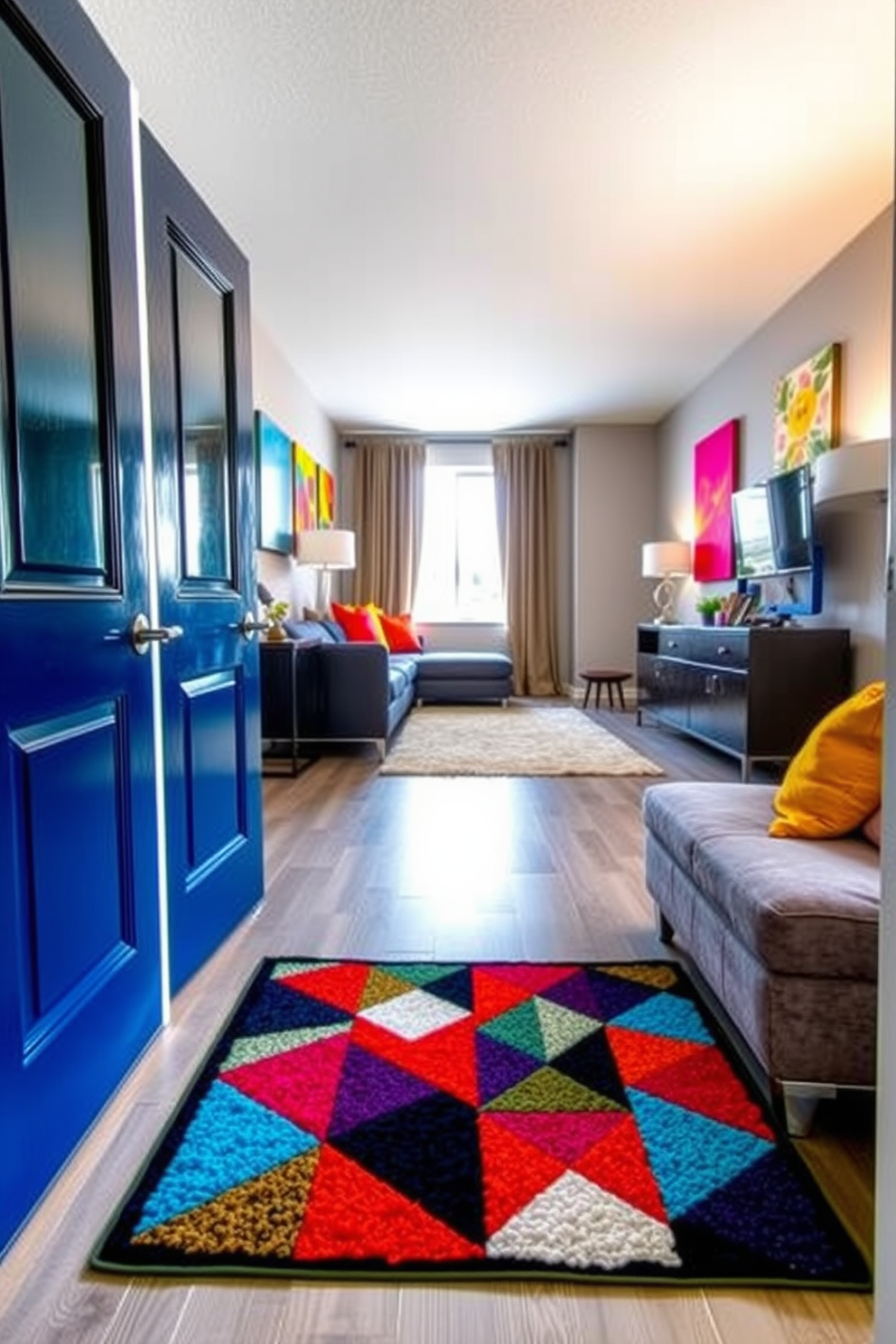 A vibrant and quirky doormat featuring a colorful geometric pattern welcomes guests at the entrance of a college apartment. The doormat adds a playful touch to the space, reflecting the personality and creativity of the residents. The living area is designed with a mix of modern furniture and eclectic decor, creating an inviting atmosphere for social gatherings. Bright accent pillows and wall art in bold colors enhance the youthful vibe of the apartment.