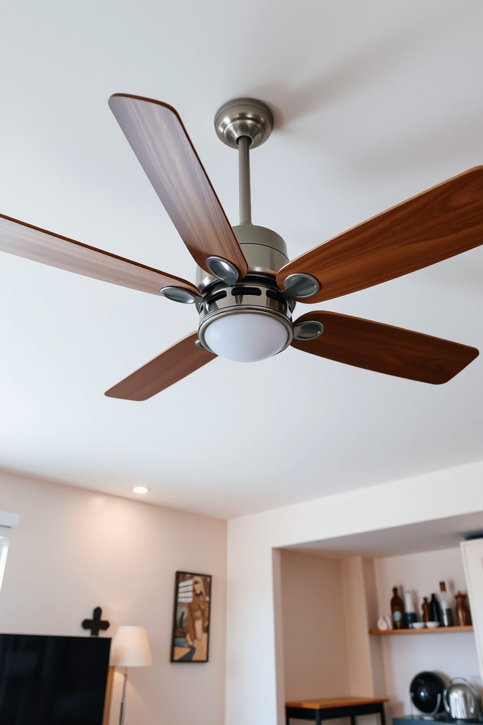 Artistic ceiling fan for style and function. The fan features a sleek design with wooden blades and a modern metallic finish, providing both aesthetic appeal and efficient airflow. College apartment design ideas that maximize space and comfort. The layout includes multifunctional furniture, such as a sofa bed and a foldable dining table, creating a cozy and practical living environment.