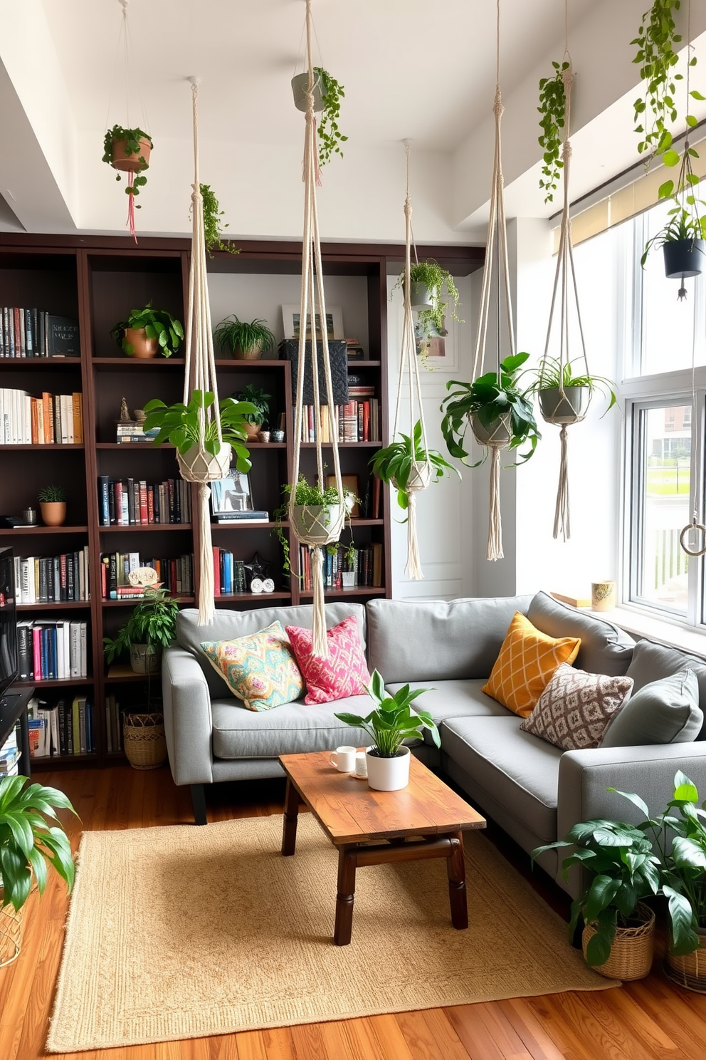 Hanging plants are strategically placed throughout the living area, adding a touch of greenery and freshness to the space. The plants are suspended from the ceiling in stylish macramé hangers, creating a vibrant atmosphere in the college apartment. The living room features a cozy seating arrangement with a modern sofa and colorful throw pillows. A small coffee table made of reclaimed wood sits in the center, surrounded by bookshelves filled with textbooks and decorative items.