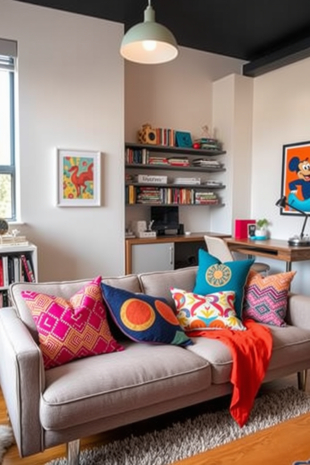 Colorful throw pillows are scattered across a cozy sofa, each featuring unique patterns and vibrant hues that create a lively atmosphere. The sofa is positioned in a small living area, surrounded by shelves filled with books and personal mementos, making it a perfect spot for relaxation and study. The college apartment design incorporates a functional desk space with a stylish chair, blending modern aesthetics with practicality. Bright artwork adorns the walls, adding personality and inspiration to the overall decor, while a soft area rug anchors the space, enhancing comfort and warmth.