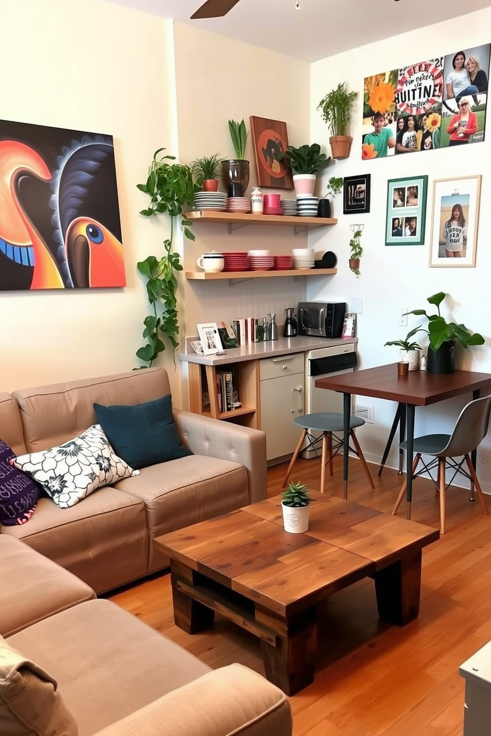 A cozy college apartment featuring a small living area with a comfortable sofa and a coffee table made from reclaimed wood. The walls are adorned with DIY wall art created from colorful canvases and framed photographs, adding a personal touch to the space. The kitchen area is compact yet functional, with open shelving displaying vibrant dishware and plants. A small dining table with mismatched chairs invites friends over for casual meals and study sessions.