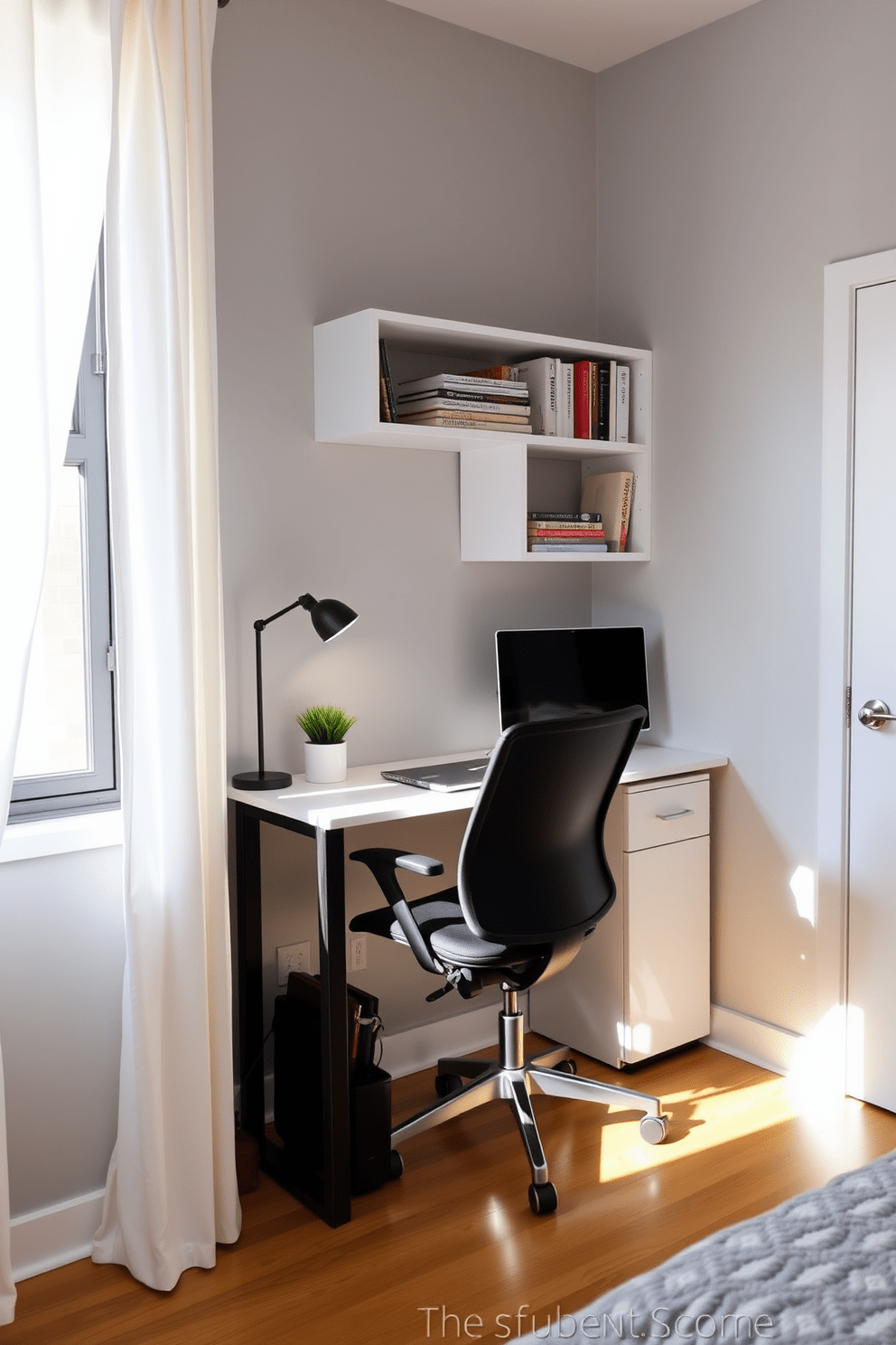 A compact desk with a sleek design is positioned against a light gray wall, maximizing the use of space in a cozy college apartment. The desk features built-in shelves above for books and study materials, while a comfortable ergonomic chair complements the setup. Natural light floods the area from a nearby window, adorned with simple white curtains that allow for privacy while brightening the room. A small potted plant sits on the desk, adding a touch of greenery to the efficient study space.