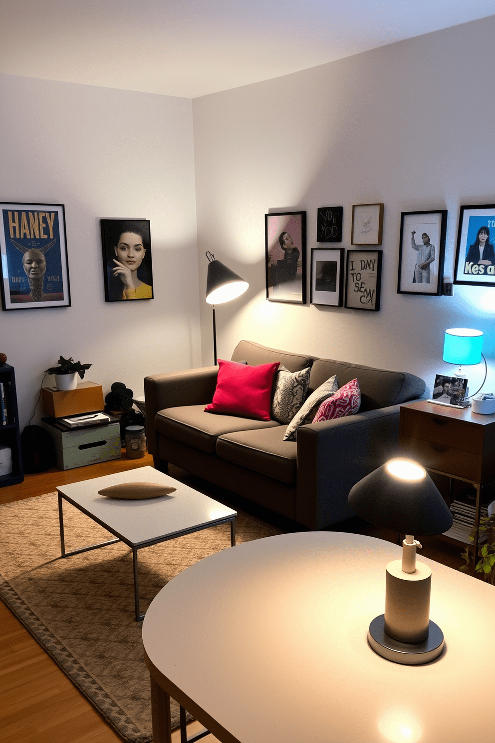 A cozy college apartment featuring layered lighting with stylish floor and table lamps. The living area has a comfortable sofa adorned with colorful cushions, complemented by a chic coffee table and a rug that adds warmth to the space. In the corner, a sleek floor lamp provides ambient light while a pair of table lamps on side tables create a welcoming atmosphere. The walls are decorated with art prints and personal photos, enhancing the youthful vibe of the apartment.