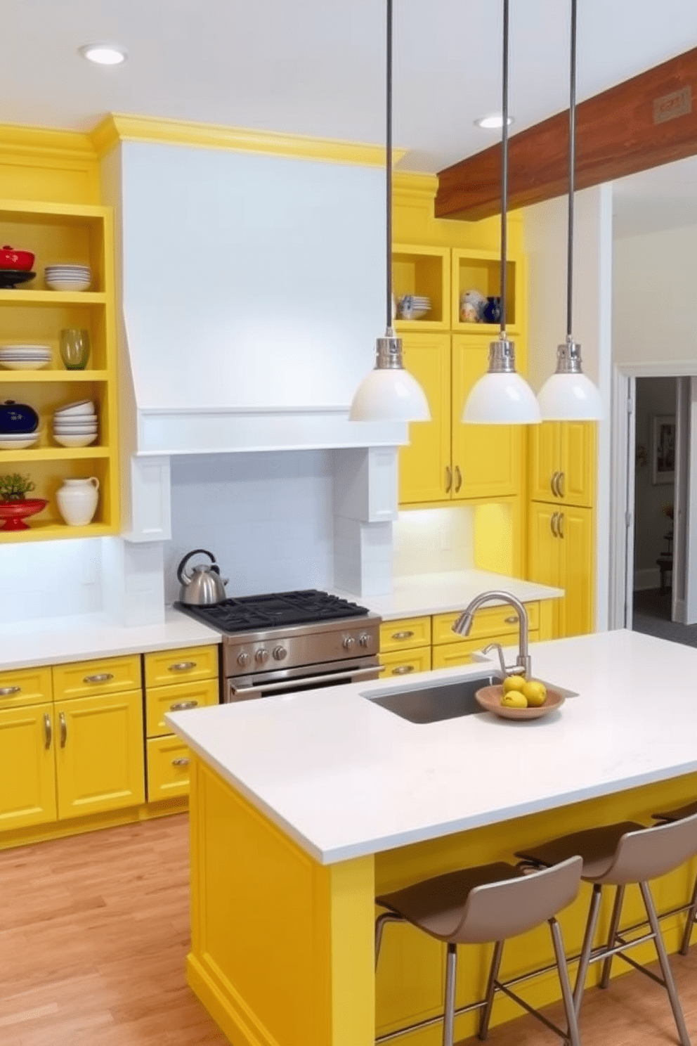 Bright yellow cabinets with white countertops create a vibrant and welcoming atmosphere in the kitchen. The space features open shelving displaying colorful dishware and decorative items, enhancing the cheerful aesthetic. A large island with bar stools provides ample workspace and seating for casual dining. Pendant lights hang above the island, adding a modern touch to the lively kitchen design.