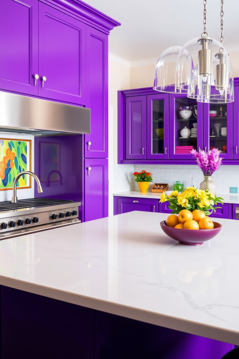 A vibrant kitchen featuring purple cabinetry that adds a bold touch to the space. Silver fixtures enhance the elegance of the design, creating a stunning contrast with the rich cabinetry. The kitchen includes a spacious island with a sleek countertop, perfect for meal prep and entertaining. Brightly colored accents in the decor, such as vibrant dishware and artwork, bring energy and personality to the room.