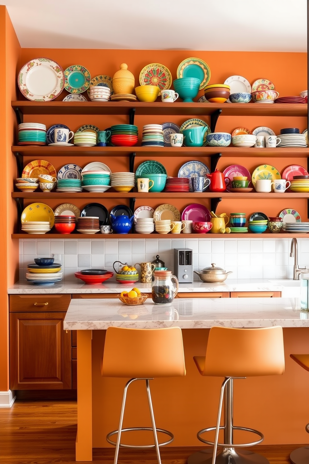 A vibrant kitchen featuring colorful open shelving filled with eclectic dishware. The shelves are adorned with an array of plates, bowls, and mugs in various patterns and hues, creating a lively focal point in the space. The kitchen walls are painted in a warm, inviting color that complements the dishware. A stylish island with bar stools provides additional seating and enhances the overall functionality of the kitchen.