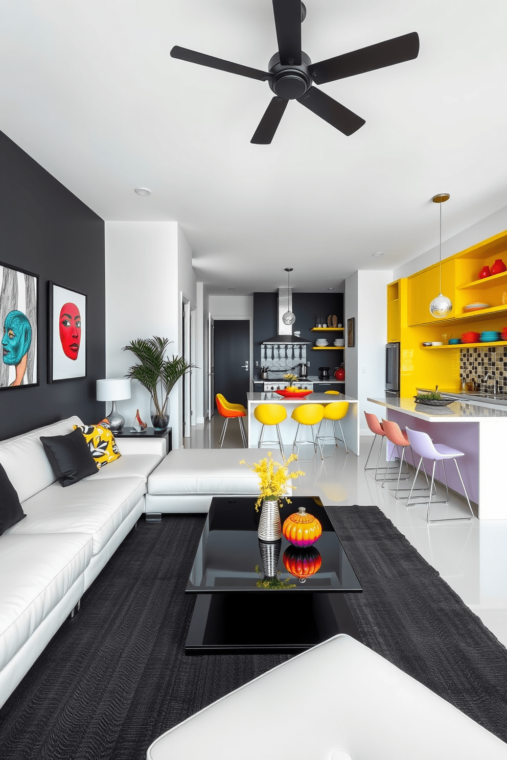 A striking black and white living room features a sleek sectional sofa and a glass coffee table. Vibrant art pieces adorn the walls, bringing life and color to the monochromatic space. A cheerful kitchen design showcases bright cabinetry and bold backsplash tiles. The open layout is complemented by colorful accents, such as decorative dishware and vibrant bar stools.