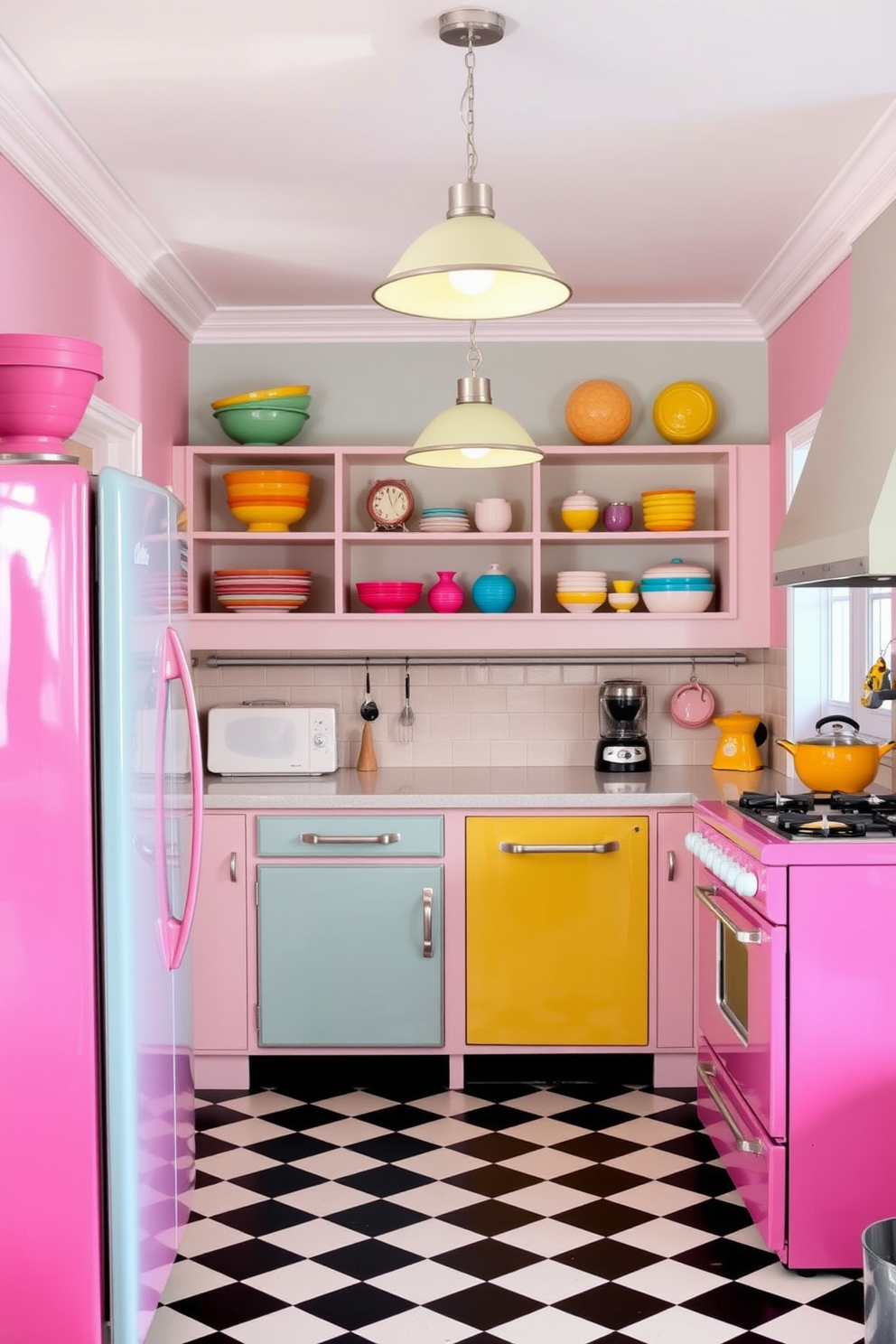 Brightly colored appliances create a vibrant and playful atmosphere in a retro-inspired kitchen. The walls are painted in soft pastel shades, complementing the bold hues of the refrigerator and stove. A checkerboard floor in black and white adds a classic touch, while open shelving displays colorful dishware and vintage accessories. Pendant lights with a nostalgic design hang above a central island, enhancing the cheerful ambiance of the space.