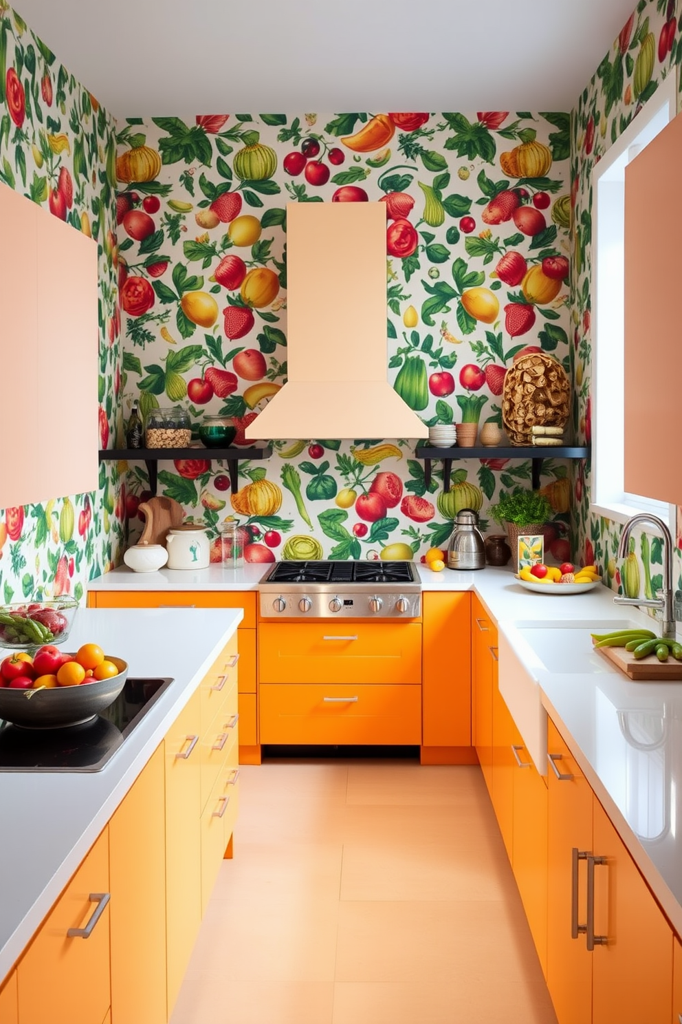 A vibrant kitchen adorned with lively wallpaper showcasing an array of fruits and vegetables. The walls are a burst of color, creating a cheerful atmosphere that inspires creativity in cooking. The kitchen features bright cabinetry in a complementary hue, paired with sleek countertops that enhance the overall aesthetic. A large island at the center serves as both a functional workspace and a gathering spot for family and friends.