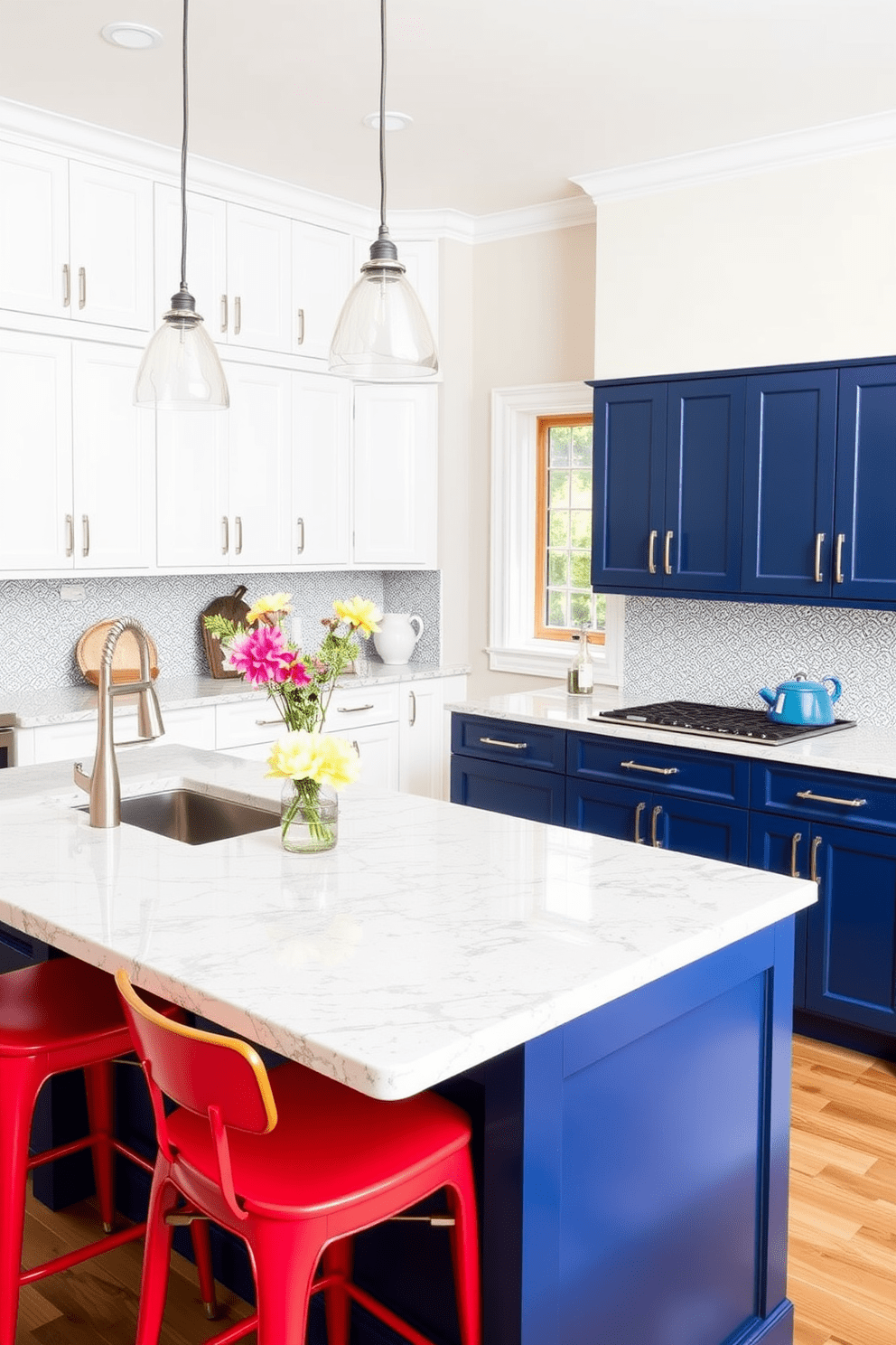 A vibrant kitchen featuring two-tone cabinets in contrasting colors. The upper cabinets are painted in a soft white, while the lower cabinets boast a deep navy blue finish, creating a striking visual contrast. The kitchen island is topped with a beautiful quartz countertop that complements the cabinet colors. Brightly colored bar stools add a playful touch, enhancing the overall cheerful atmosphere of the space.