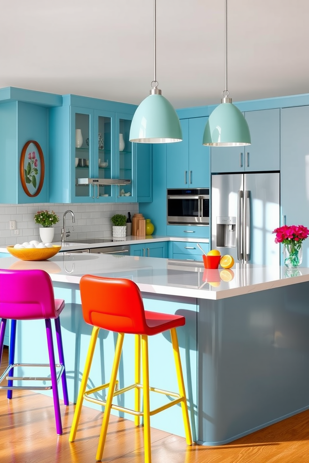 A vibrant kitchen featuring rainbow-colored bar stools that add a playful touch to the space. The kitchen has a modern design with sleek cabinetry and bright countertops, creating an inviting atmosphere for entertaining.