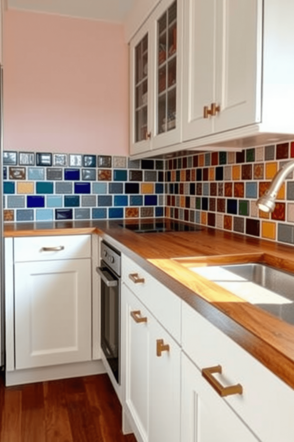 A vibrant kitchen featuring a backsplash made of ceramic tiles in various colors. The cabinetry is a sleek white with gold hardware, and the countertops are a rich wood finish that complements the colorful tiles.