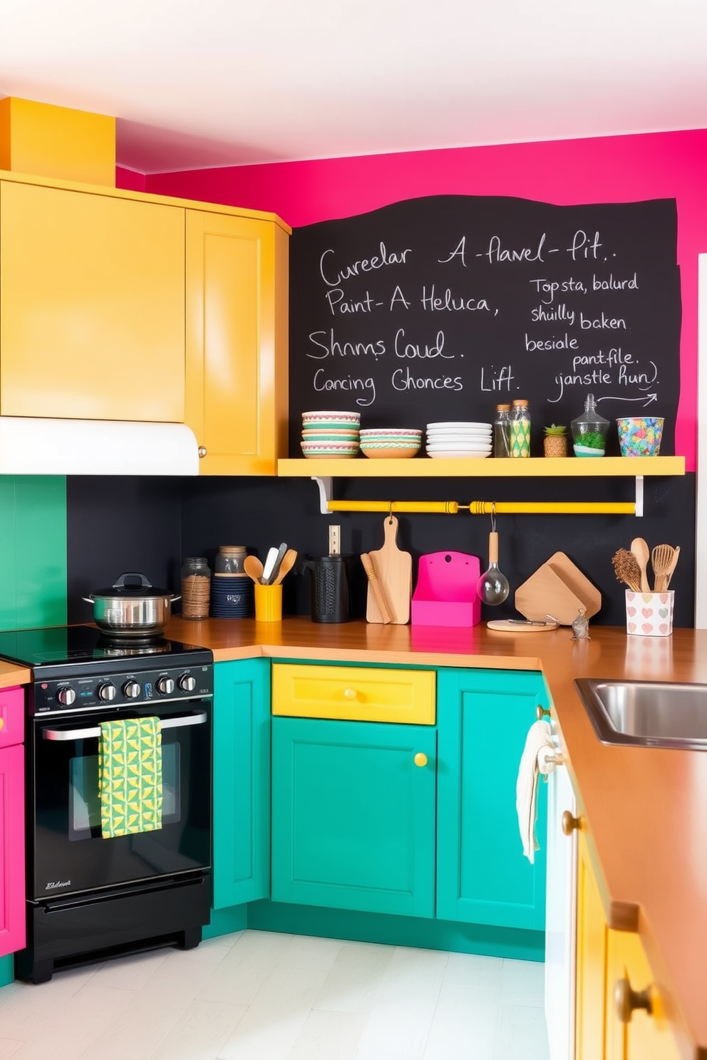 A vibrant kitchen featuring a wall coated in chalkboard paint that serves as a functional and artistic centerpiece. The remaining walls are adorned with bright, playful colors that create an inviting atmosphere, complemented by modern appliances and cheerful decor.