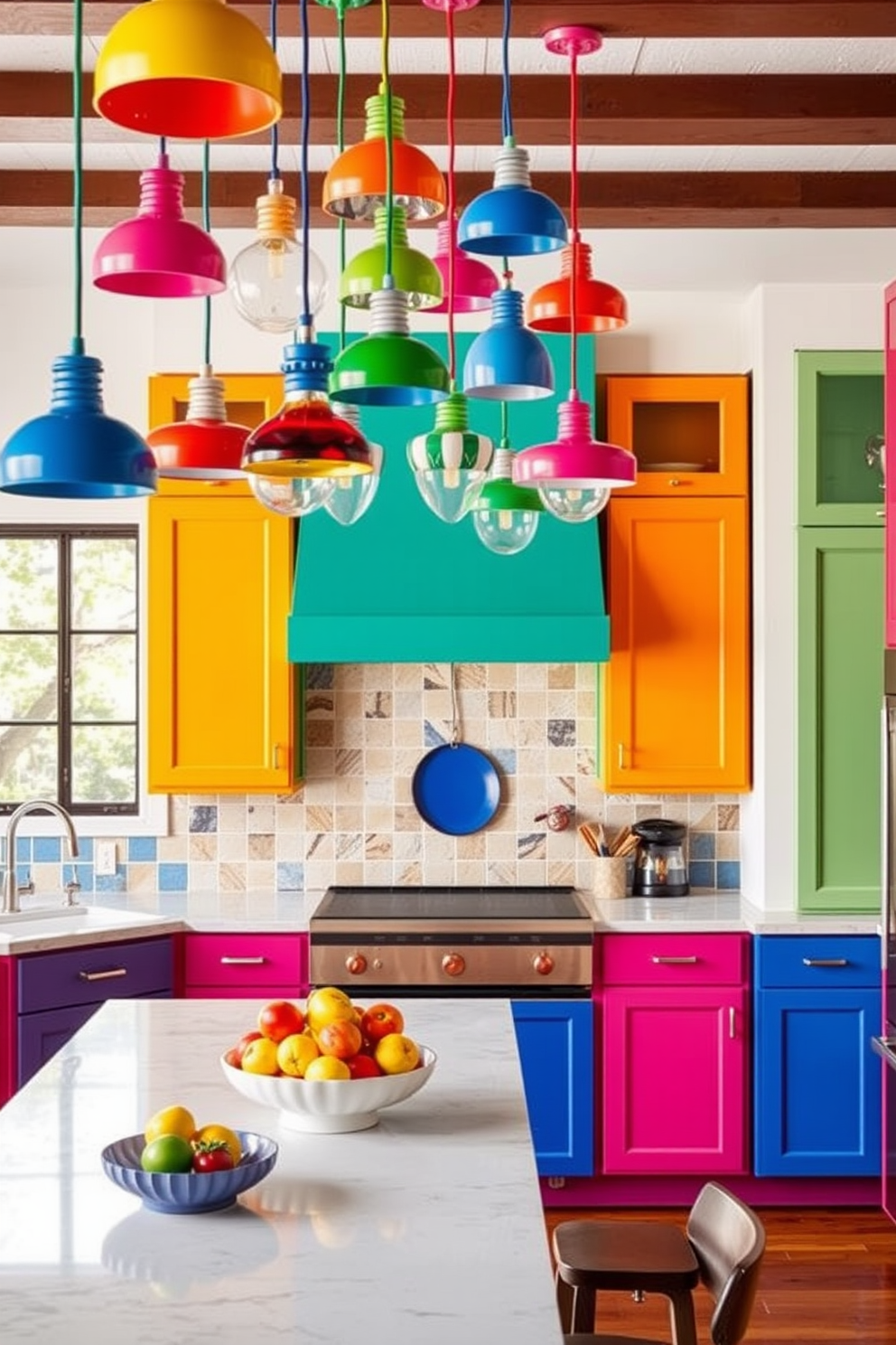 A vibrant kitchen filled with personality and style. Above the kitchen island, colorful pendant lights in various shapes and sizes create a playful atmosphere. The cabinets are a mix of bold hues, complementing the bright backsplash and countertops. A large island serves as the centerpiece, adorned with fresh fruits and decorative kitchenware.