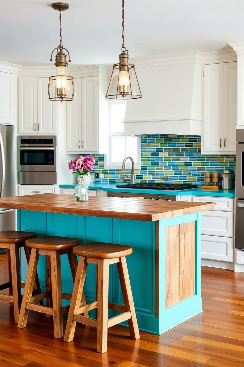 A vibrant kitchen featuring a turquoise island with rustic wood accents. The island is surrounded by stools made of reclaimed wood, and overhead, pendant lights with a vintage design illuminate the space. The cabinetry is painted in a complementary soft white, enhancing the brightness of the kitchen. Colorful backsplash tiles in shades of blue, yellow, and green add a playful touch to the overall design.