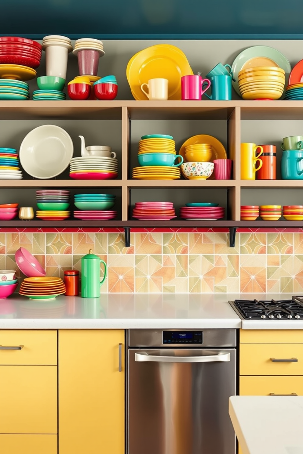 A vibrant kitchen filled with an eclectic mix of colorful dishware displayed on open shelves. The shelves are lined with plates, bowls, and mugs in various hues, creating a cheerful and inviting atmosphere. The kitchen features a bright backsplash with geometric patterns that complement the dishware. Modern appliances in stainless steel add a sleek touch to the overall colorful design.