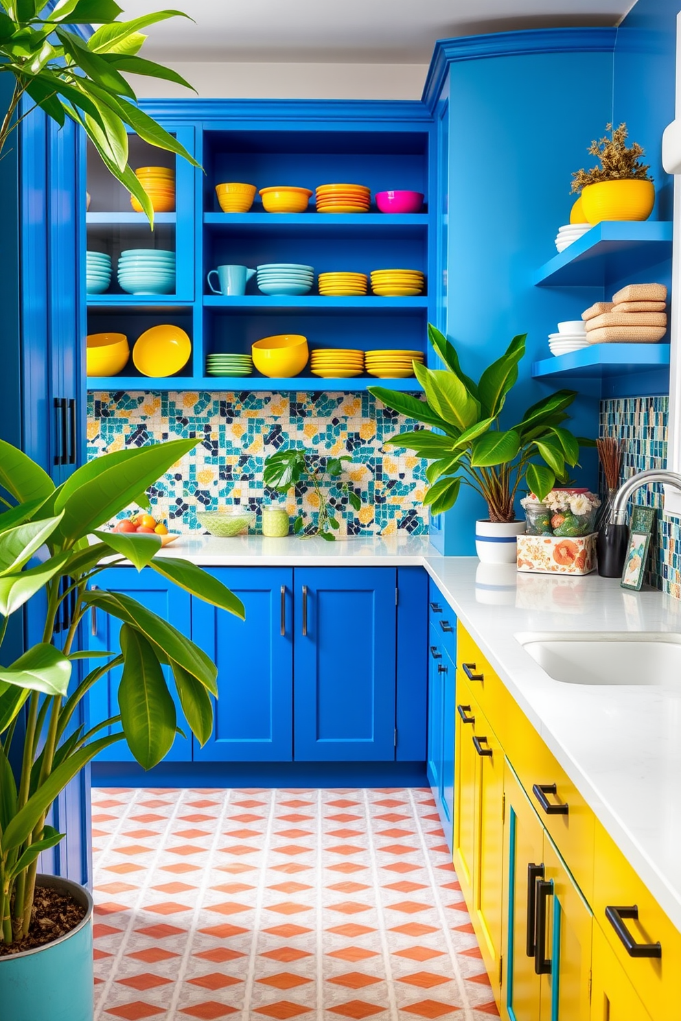 Bright green plants are strategically placed throughout the kitchen to create a vibrant and refreshing atmosphere. The kitchen features colorful cabinetry in shades of blue and yellow, complemented by a lively backsplash of patterned tiles. The countertops are made of white quartz, providing a clean contrast to the bold colors. Open shelving displays an array of colorful dishware, adding personality and warmth to the space.