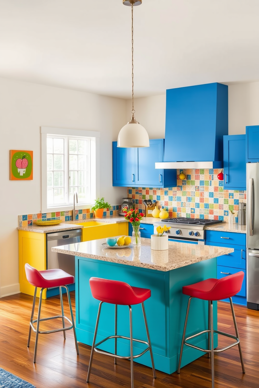 Whimsical wall art in bold colors adorns the kitchen walls, creating a vibrant and playful atmosphere. The artwork features abstract shapes and patterns that complement the overall design of the space. Colorful kitchen design ideas include bright cabinets in shades of blue and yellow, paired with a cheerful backsplash of multi-colored tiles. A central island with a contrasting countertop serves as a focal point, surrounded by stylish bar stools in coordinating hues.